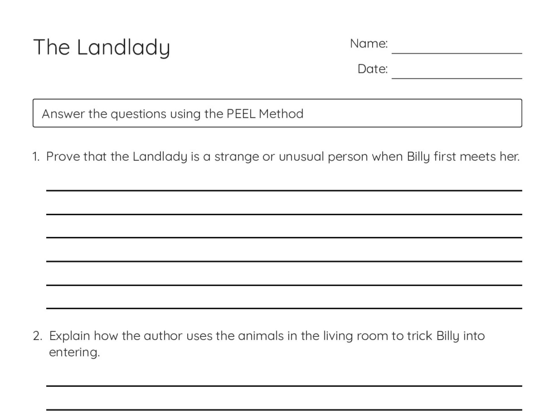 Printable comprehension worksheet for Roald Dahl's "The Landlady" with six analysis questions for Grades 6–7 students using the PEEL method.