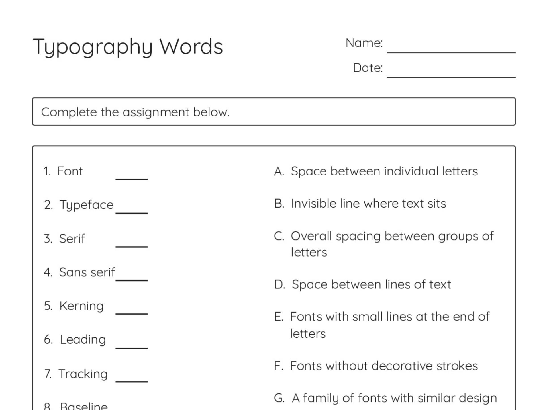 Typography matching worksheet for high school with definitions of font, serif, kerning, leading, and other design terms.
