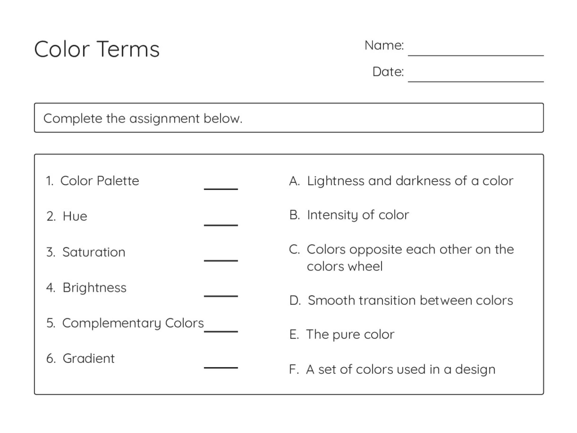 Printable art vocabulary worksheet for high school students matching color theory terms like hue, saturation, and complementary colors with their definitions.