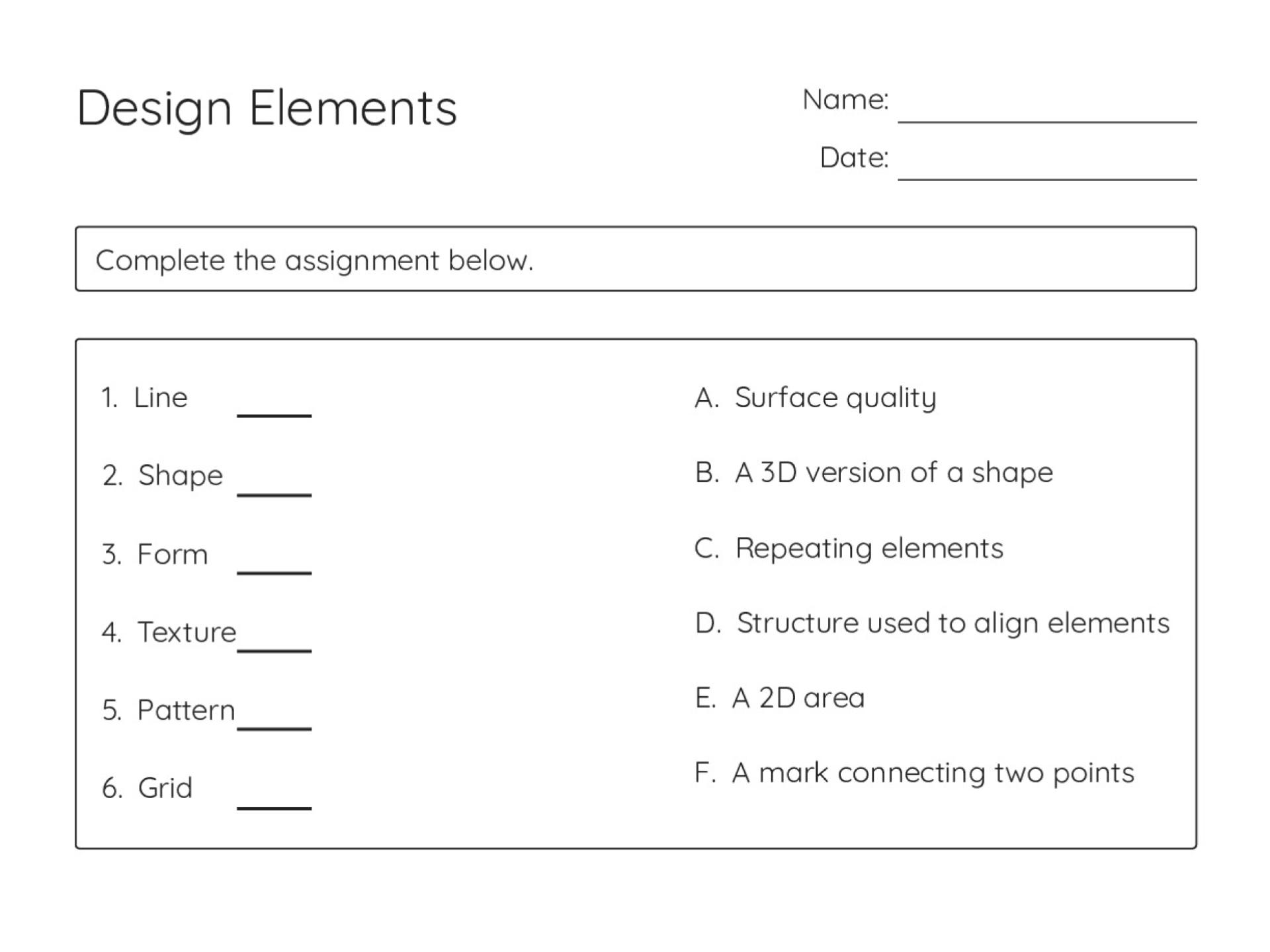 Art worksheet for high school students listing six design elements: line, shape, form, texture, pattern, and grid with definitions.