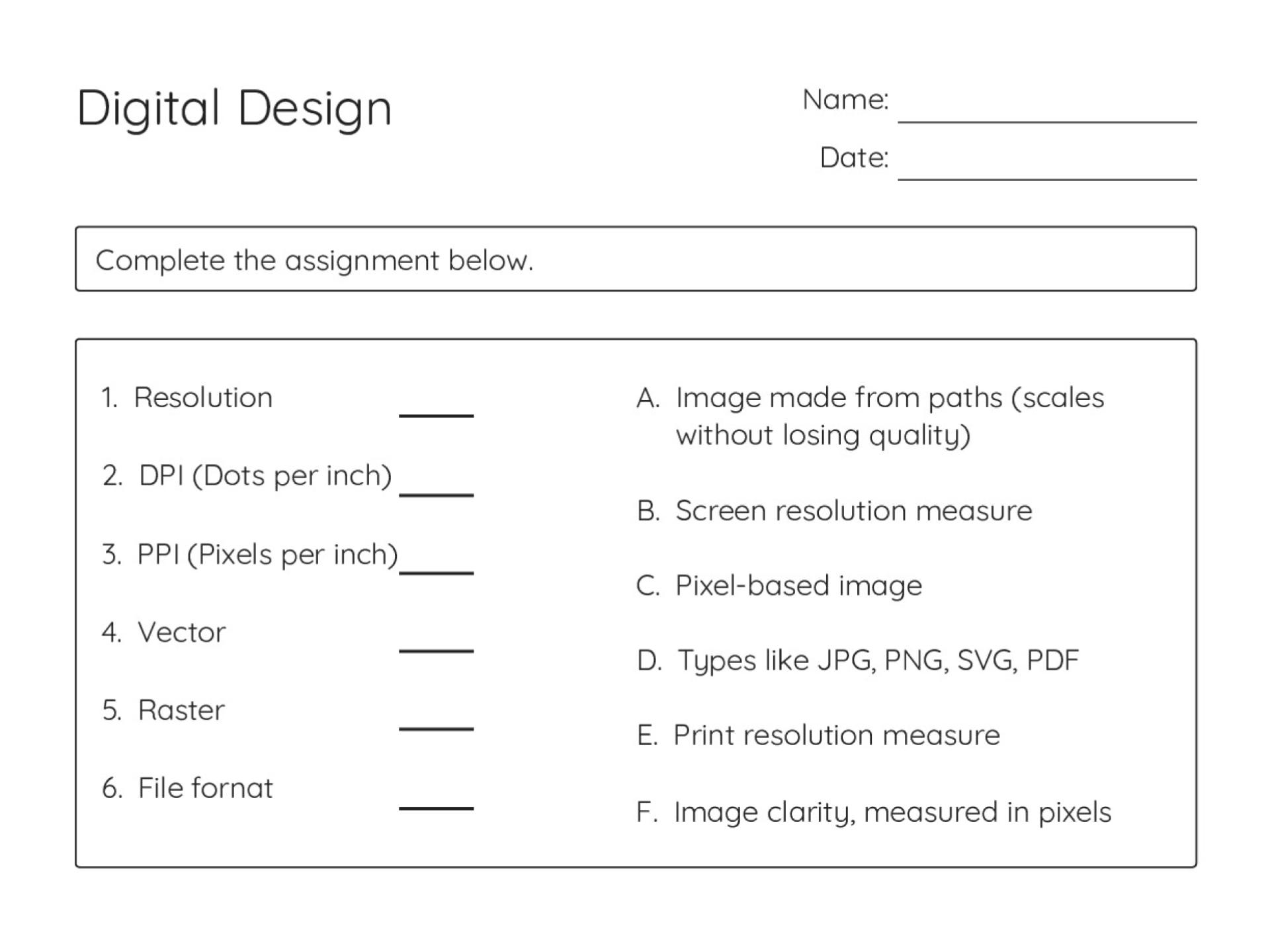 Printable digital design worksheet with matching activity on resolution, DPI, vector graphics, raster images, and file formats.