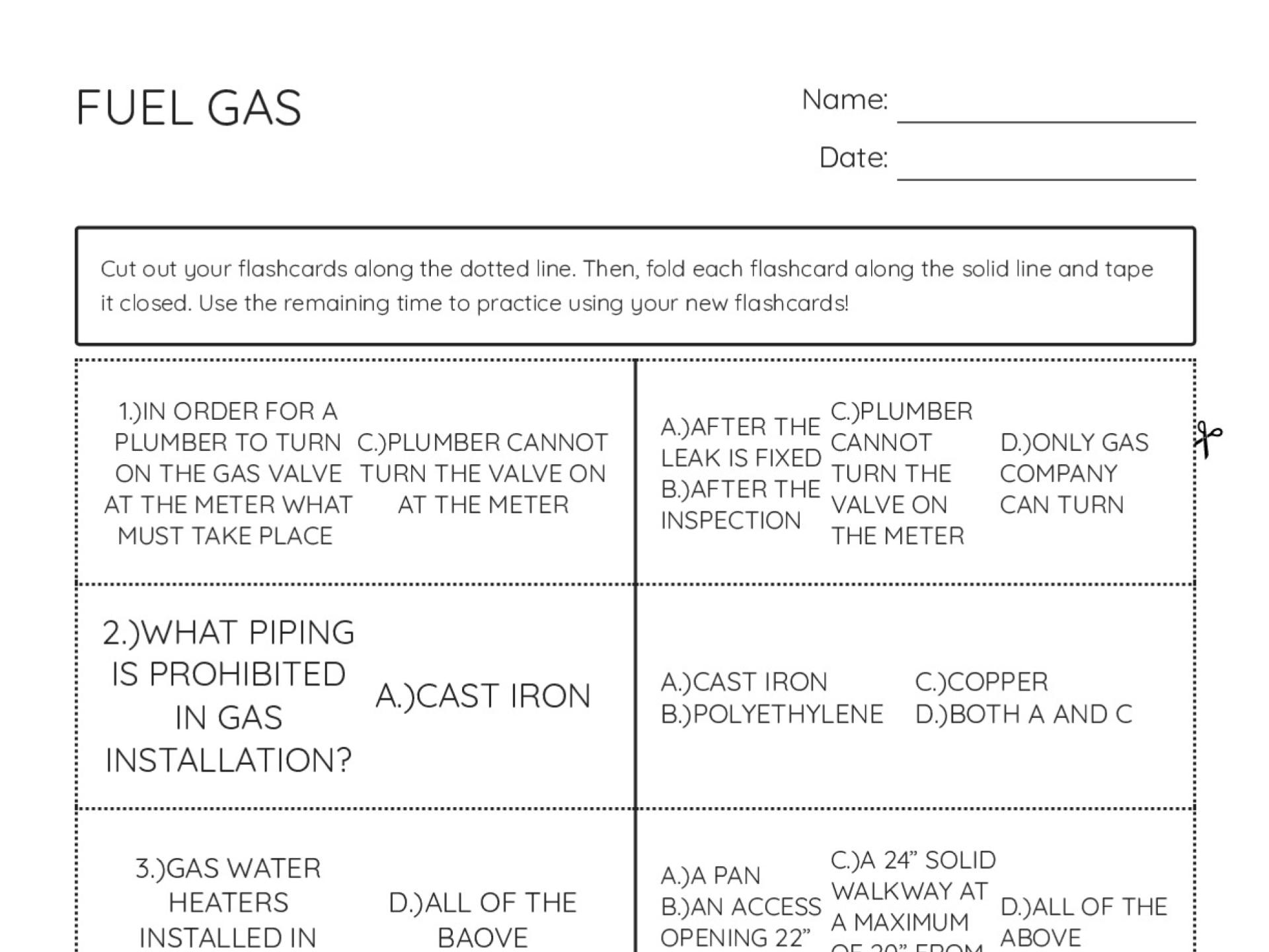 Gas plumbing code flashcards covering valve operation, venting, pressure, and combustion air for plumbers.
