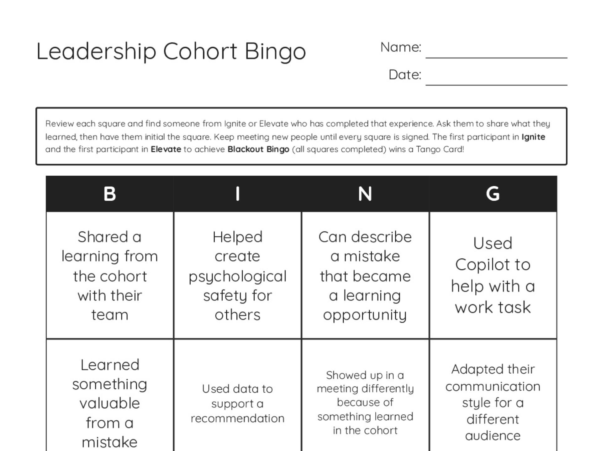 Leadership Cohort Bingo cards with prompts about feedback, team coaching, and applying learning