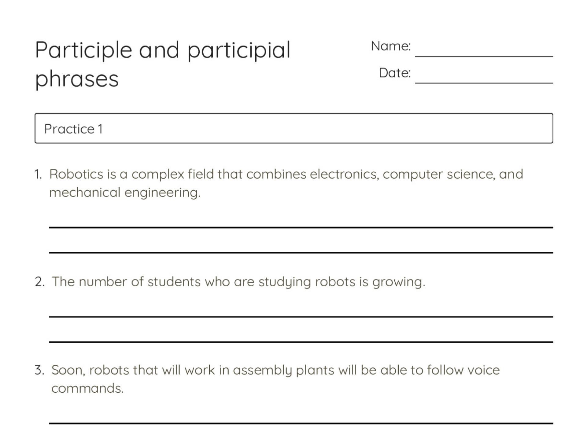Printable grammar worksheet for Grades 7 and 8 on participles and participial phrases with example sentences on robotics, politics, and Alaska.