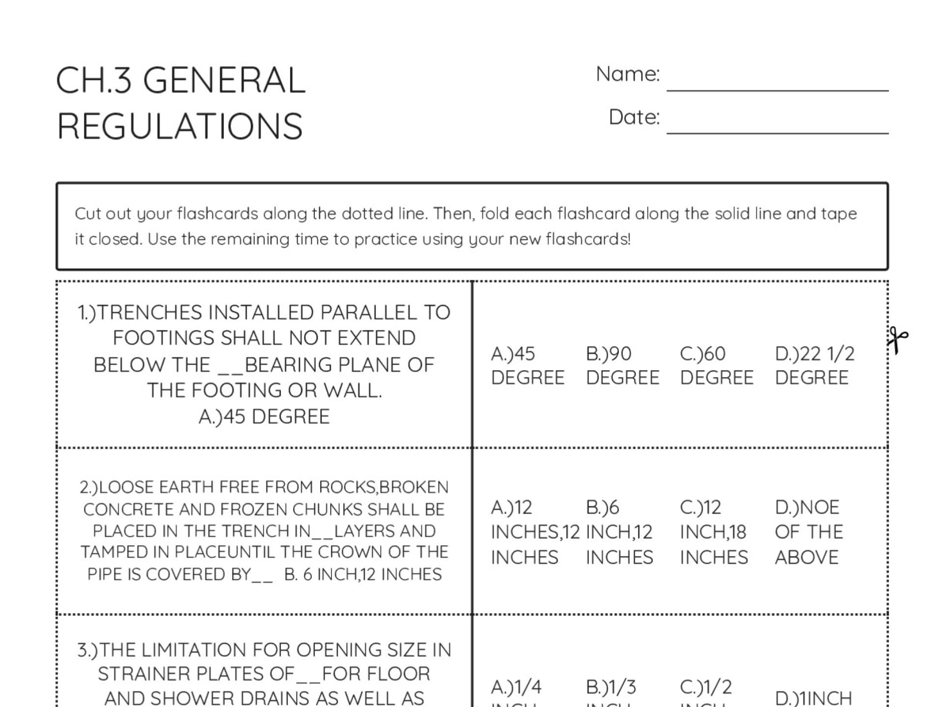 Plumbing code flashcards covering trench installation, pipe support, and DWV testing regulations.