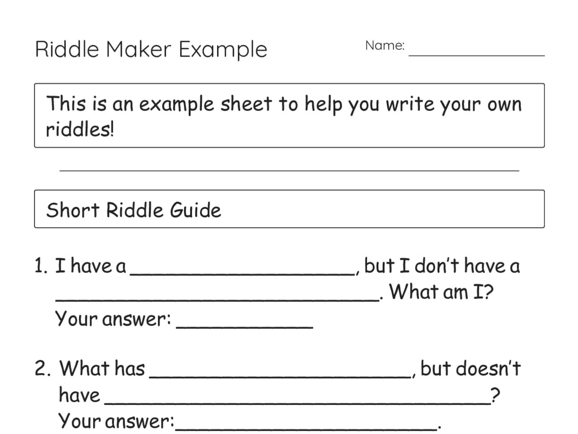 Printable riddle-making worksheet for Grades 2–4 with fill-in-the-blank templates and examples for creating short and long riddles.