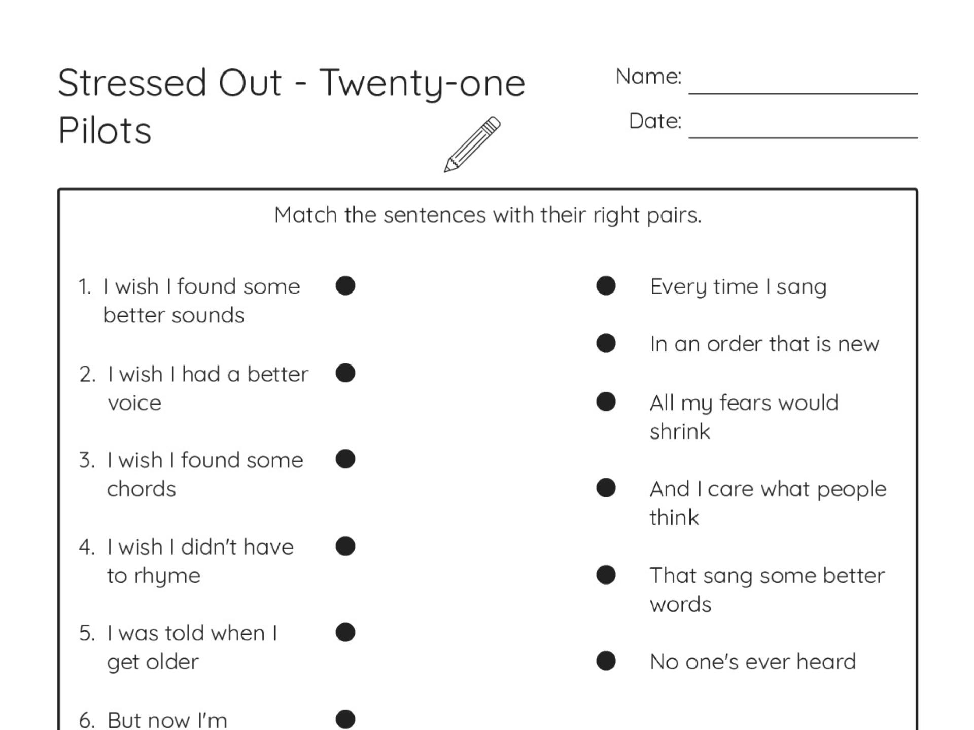 High school music worksheet analyzing Twenty One Pilots' \"Stressed Out\" with lyrical excerpts and listening comprehension activities.