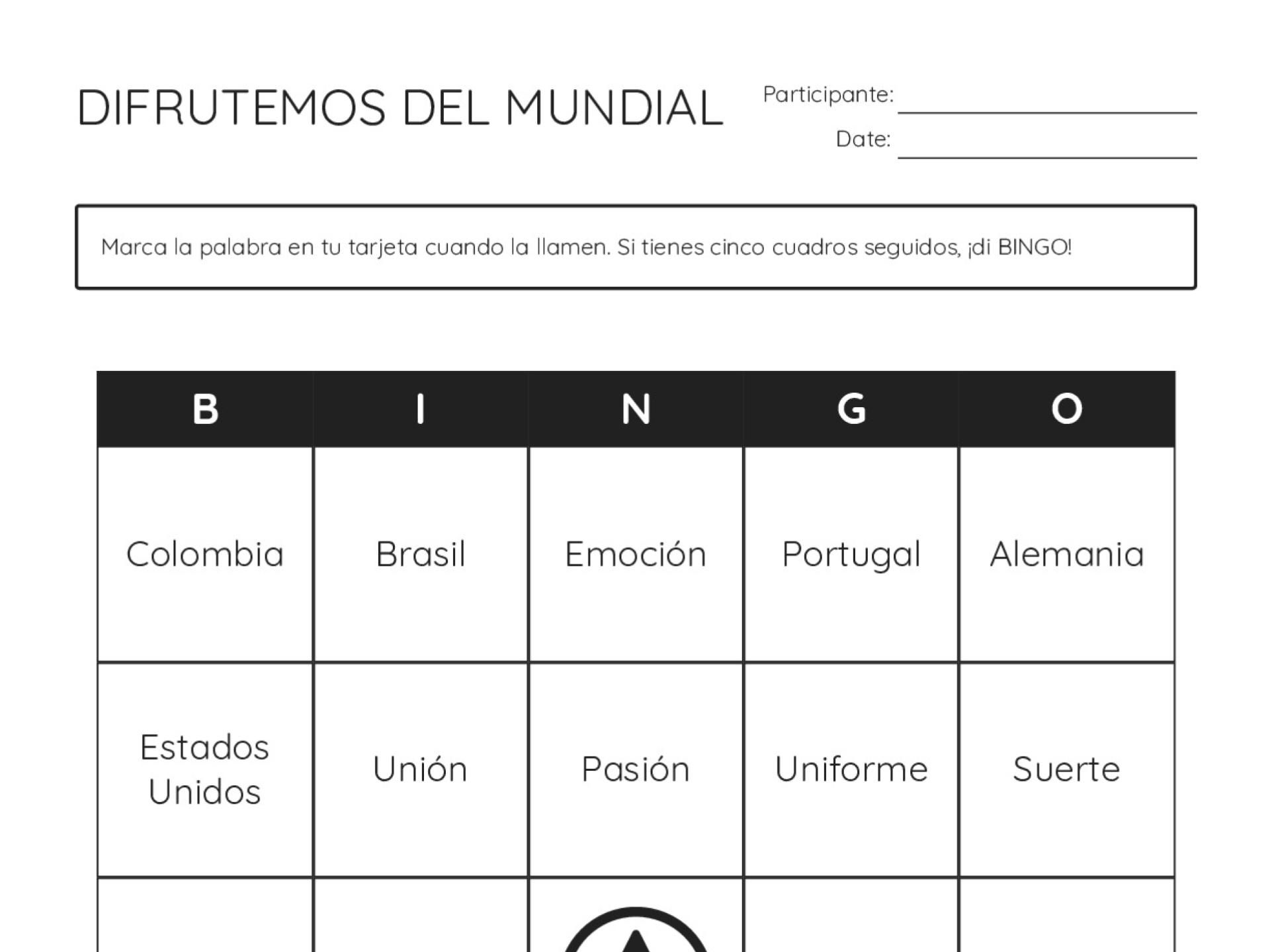 World Cup Spanish vocabulary bingo cards featuring countries, soccer terms, and tournament excitement.