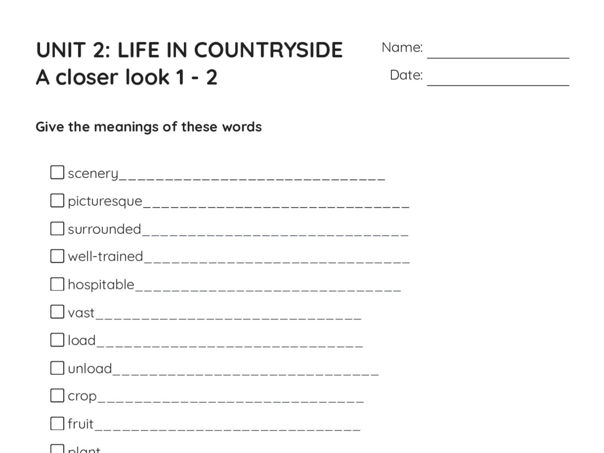 8th grade English worksheet with vocabulary definitions and comparative adjective fill-in-the-blank exercises.