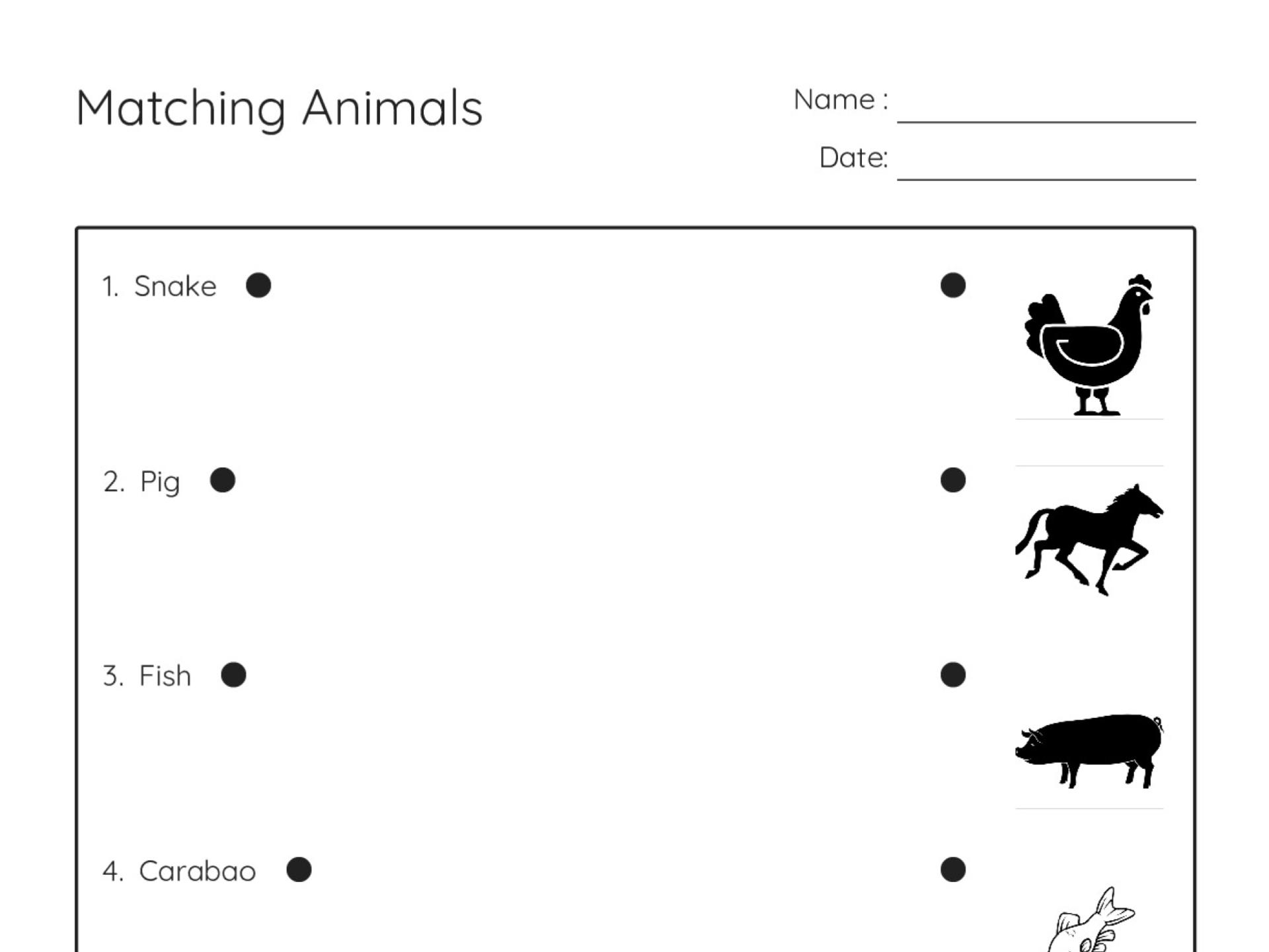 Printable Pre-K animal matching activity with six animals: snake, pig, fish, carabao, horse, chicken.