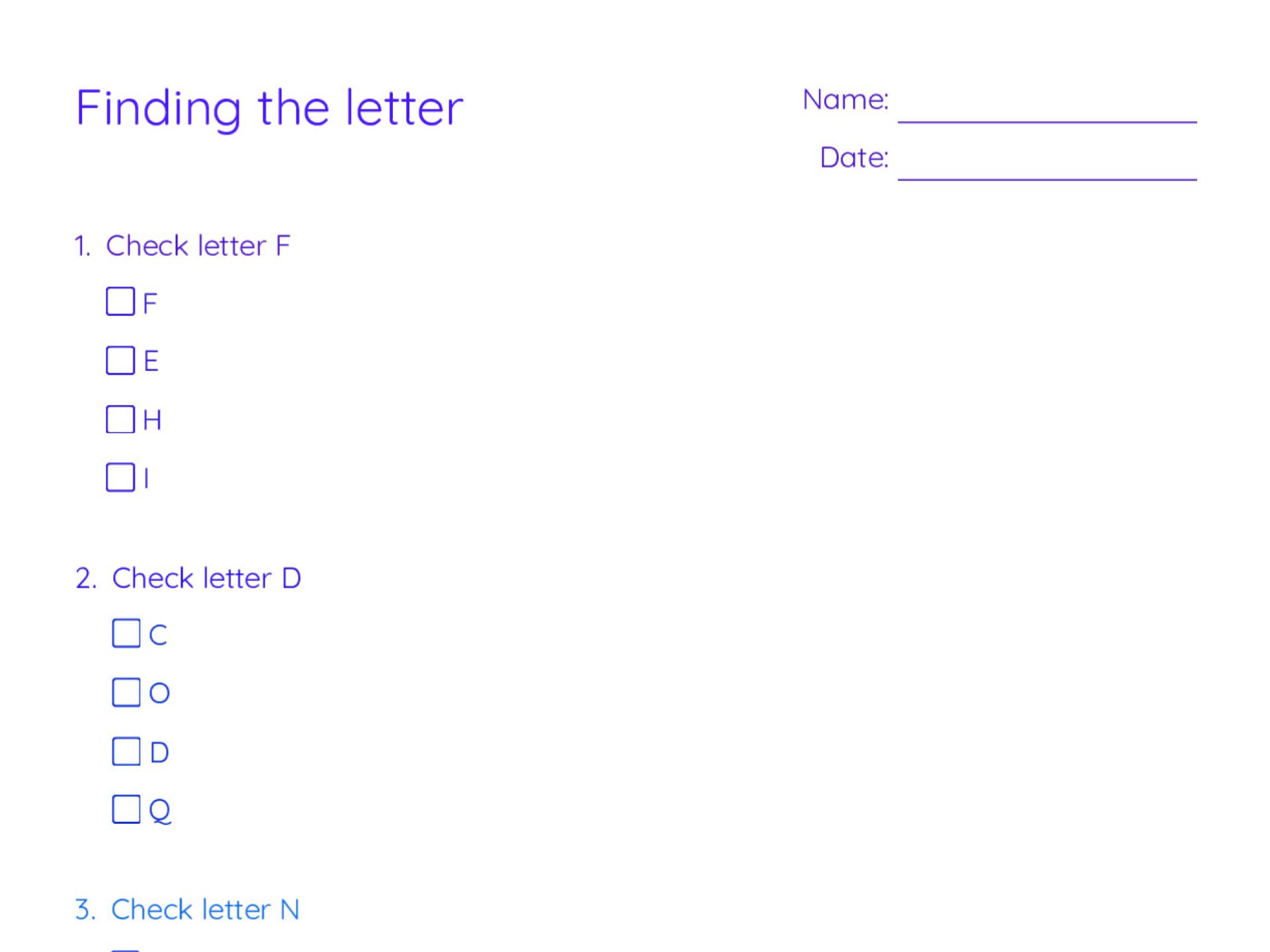 Pre-K letter recognition worksheet with four rows of letters where students check the target letter in each row.