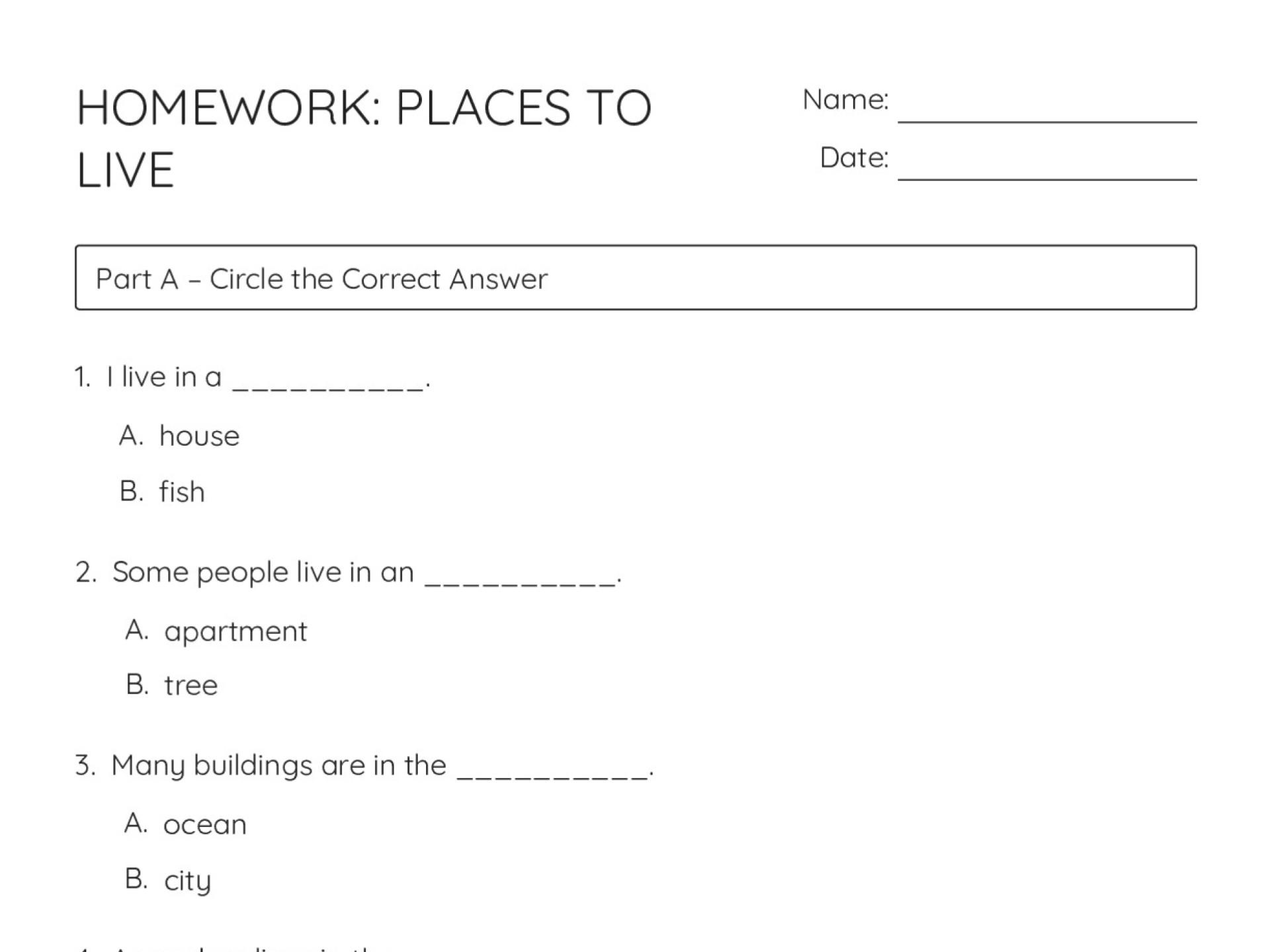 Printable elementary science worksheet with word bank, matching, and true-or-false activities about where animals and people live.