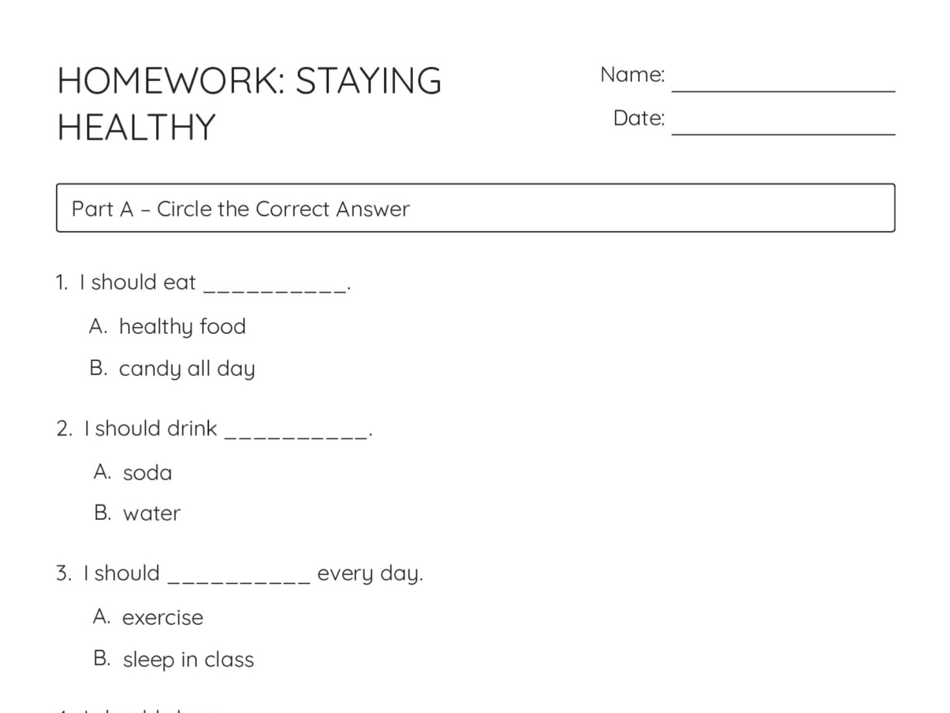 Printable K–3 health worksheet with activities on staying healthy, including exercise, nutrition, hygiene, and safety habits.