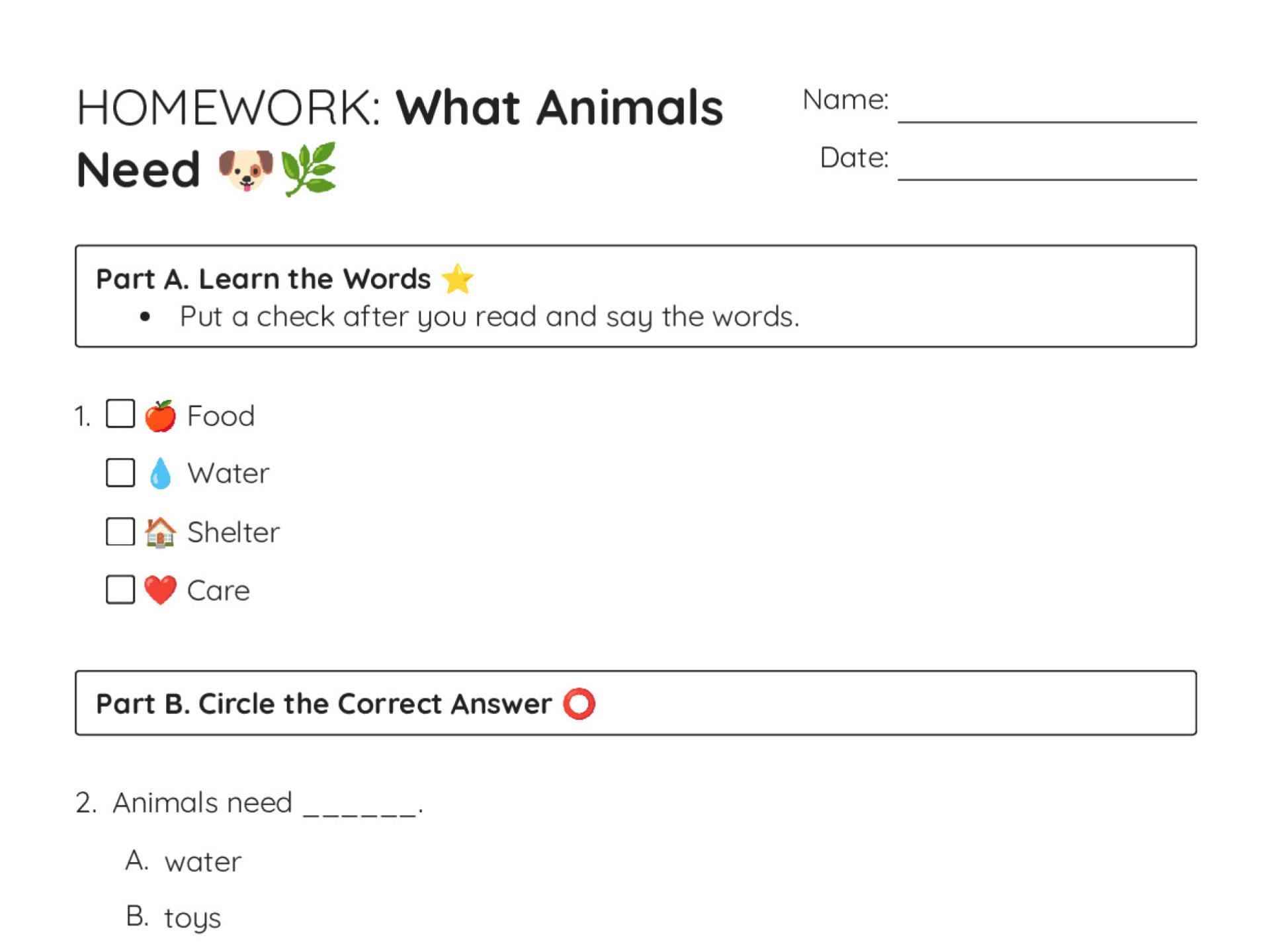 Printable science worksheet for Grades K–2 showing what animals need: food, water, air, shelter, care with pictures and multiple-choice questions.
