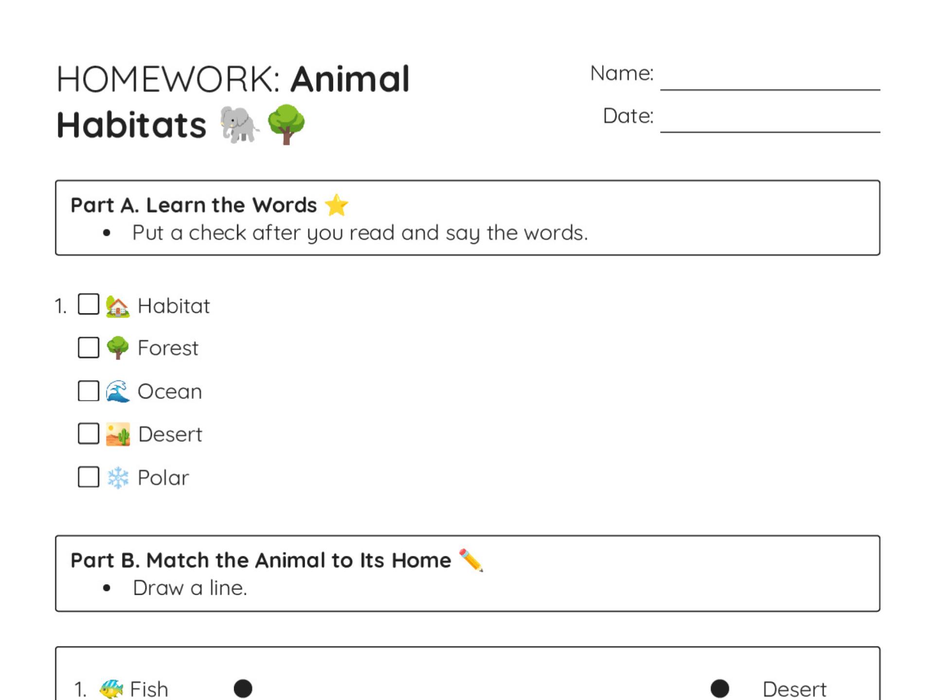 Early elementary animal habitats worksheet featuring fish, lion, camel, penguin, and monkey with matching and multiple-choice activities.