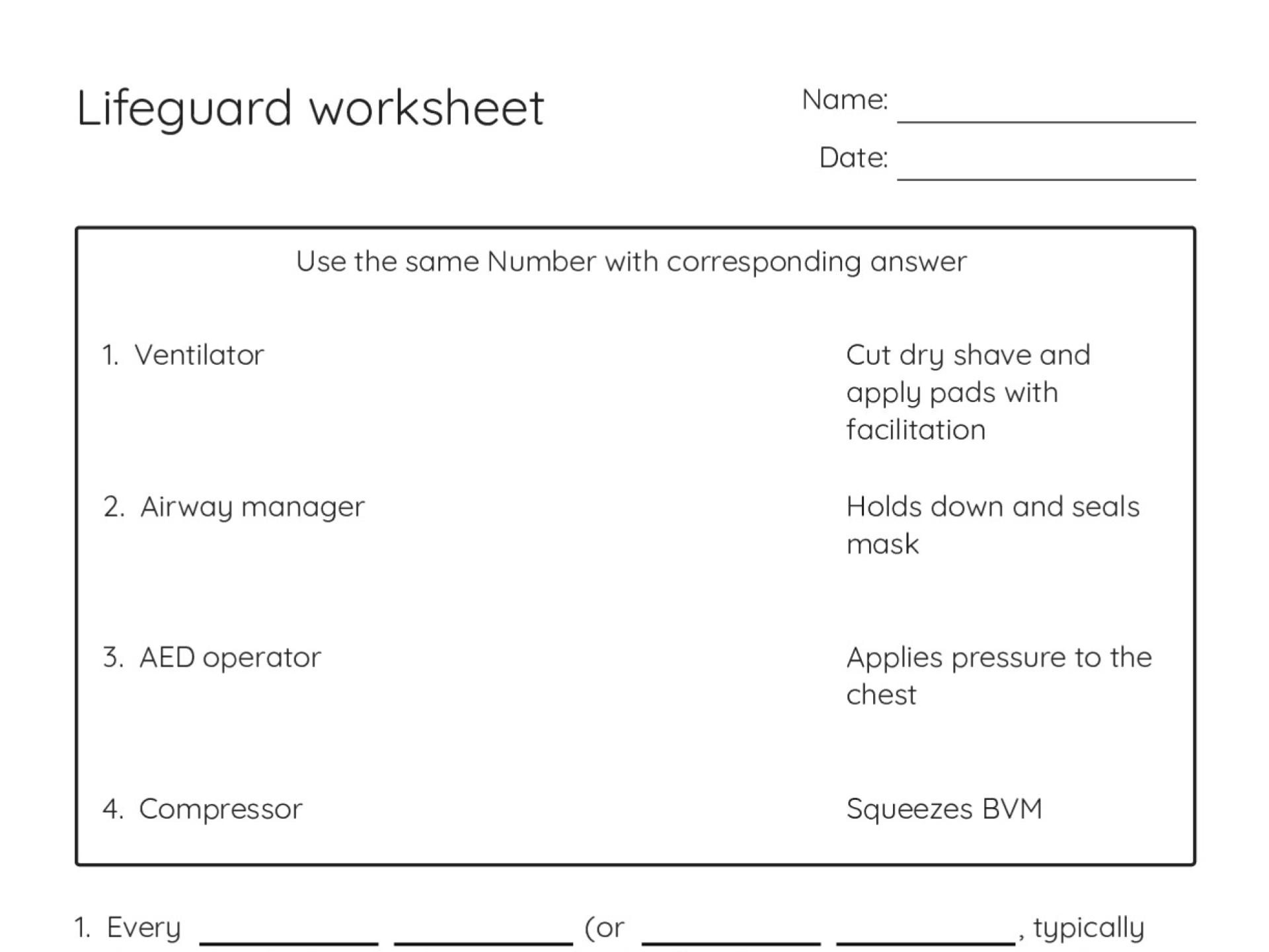 Lifeguard training worksheet with matching and multiple-choice items on CPR roles and emergency response protocol.