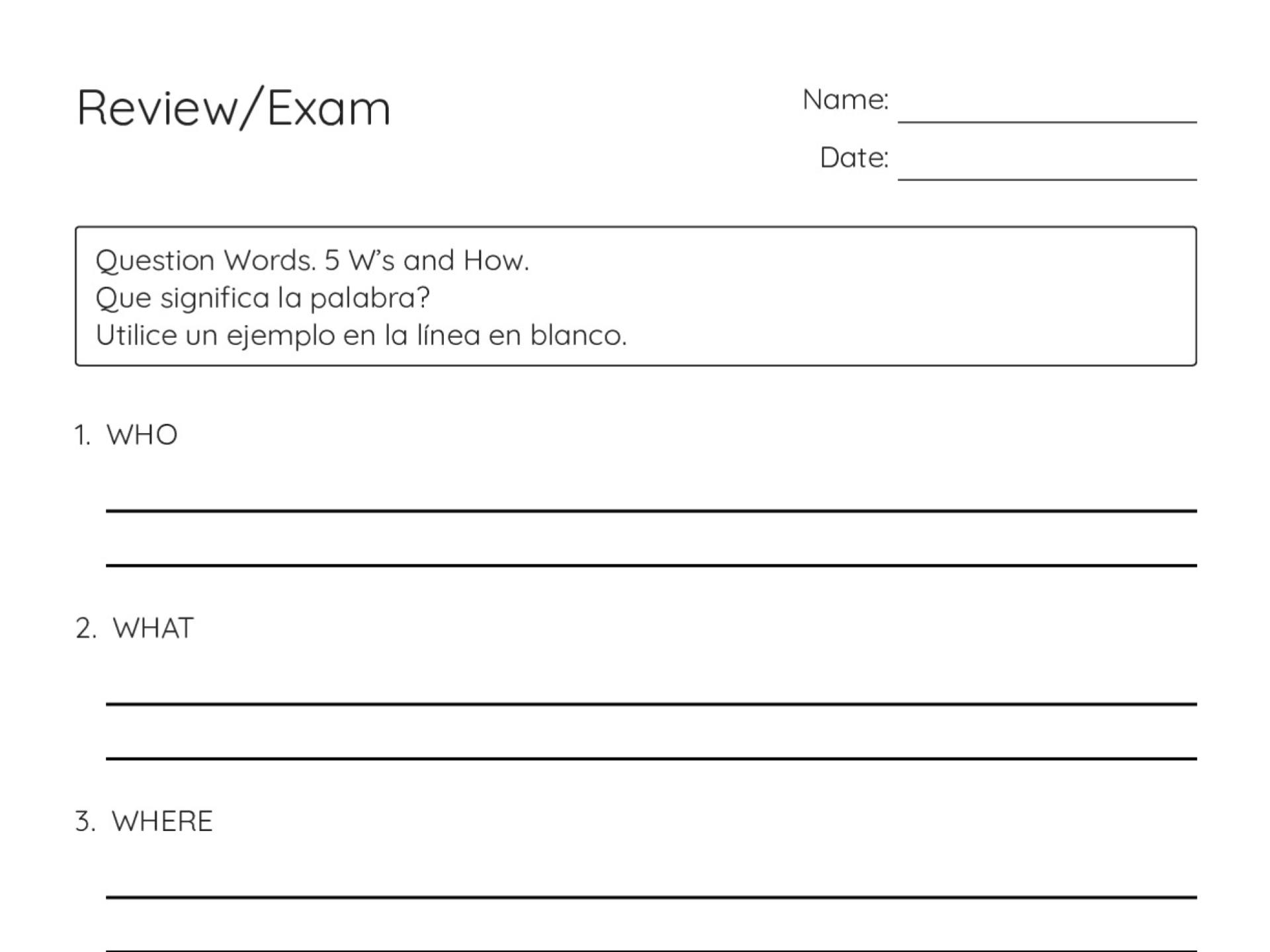 Printable 9th grade ESL vocabulary review worksheet with question words, Spanish-English translations, and example sentence practice.