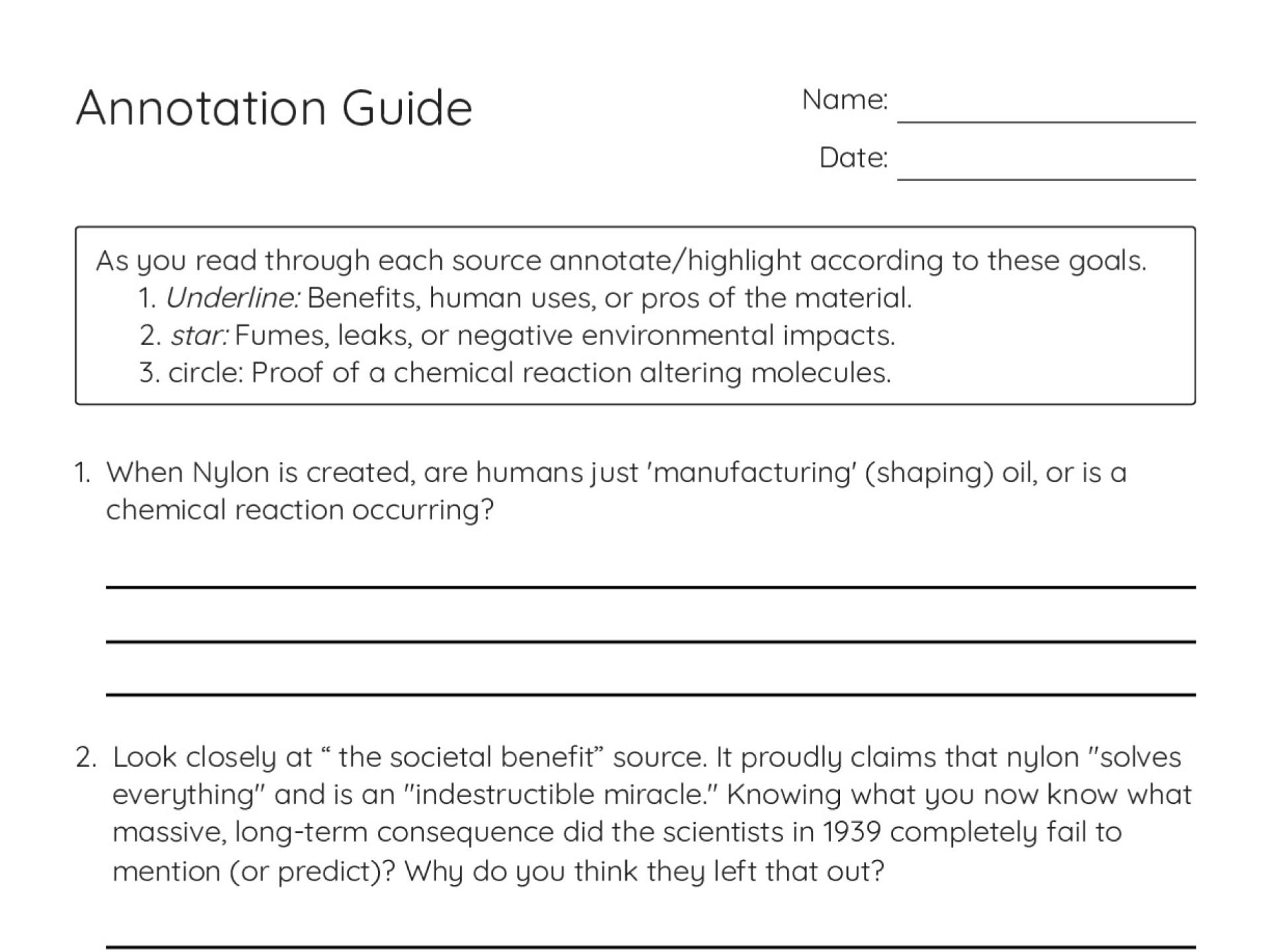 Printable 8th grade science annotation guide about nylon, with prompts about chemical reactions and environmental impact.