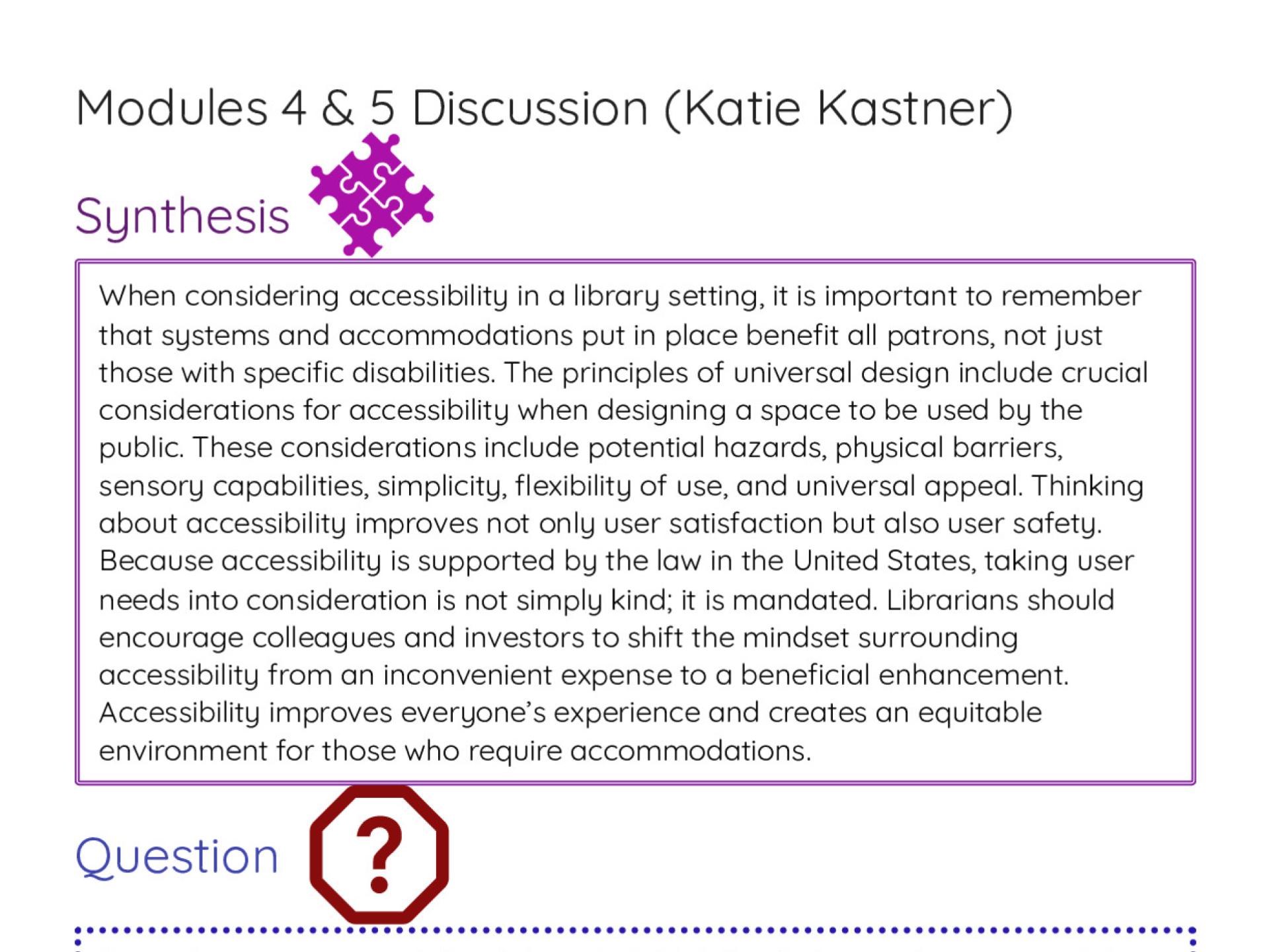 Professional discussion worksheet on accessibility in libraries, universal design, and ADA Title II compliance requirements.