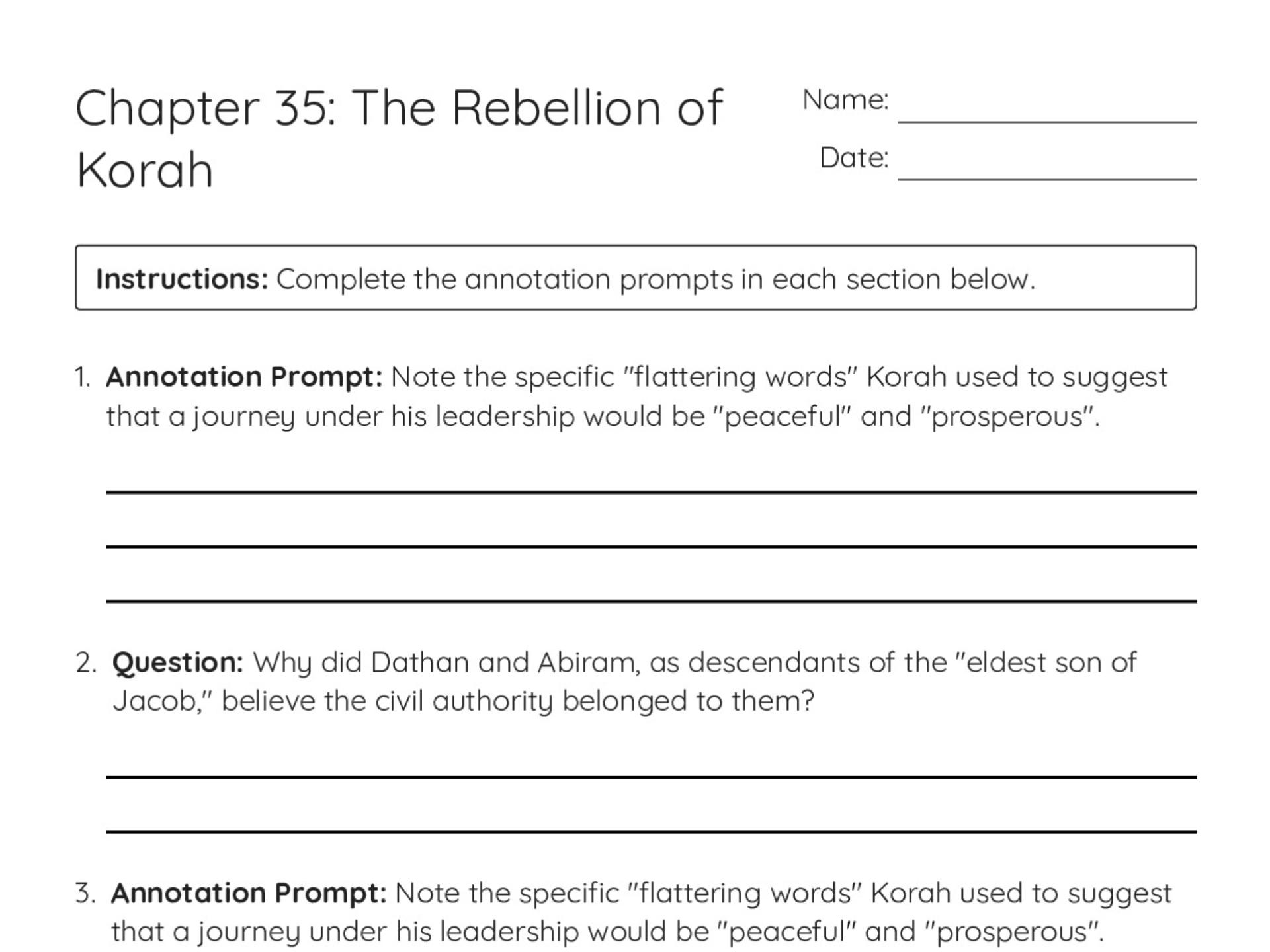 Printable Bible study worksheet on Korah's rebellion with annotation prompts and reflection questions for Grades 10–12.