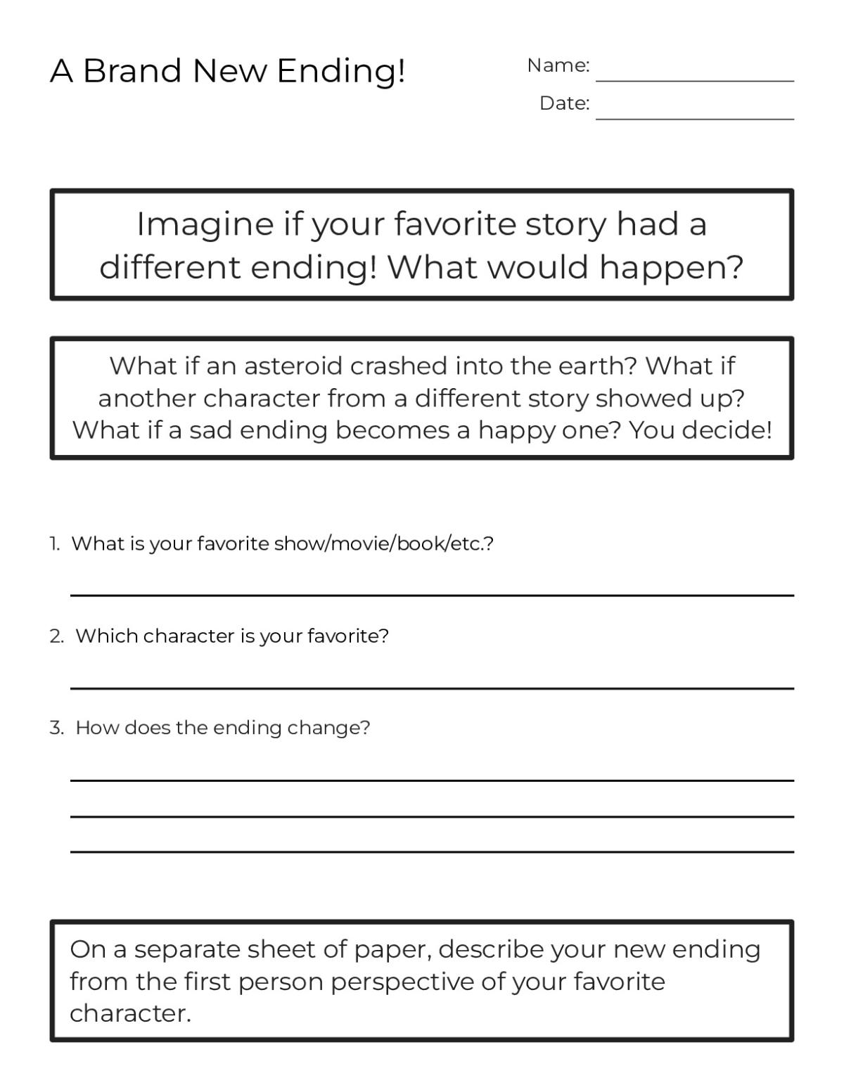 Printable creative writing worksheet for Grades 2–8 with brainstorm prompts and space to write an alternative story ending.