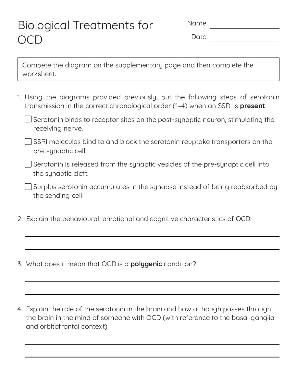 Printable 12th grade biology and psychology worksheet on SSRIs, serotonin transmission, and treatment of obsessive-compulsive disorder.