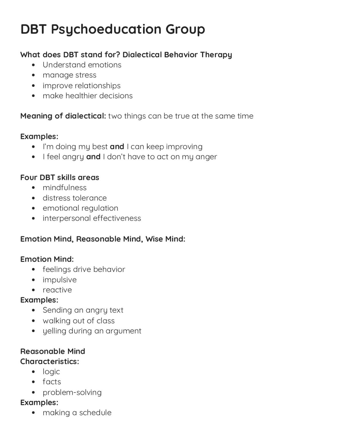 Printable DBT psychoeducation worksheet for Grades 9 to 12 about Emotion Mind, Reasonable Mind, Wise Mind, and the four skills areas of DBT.