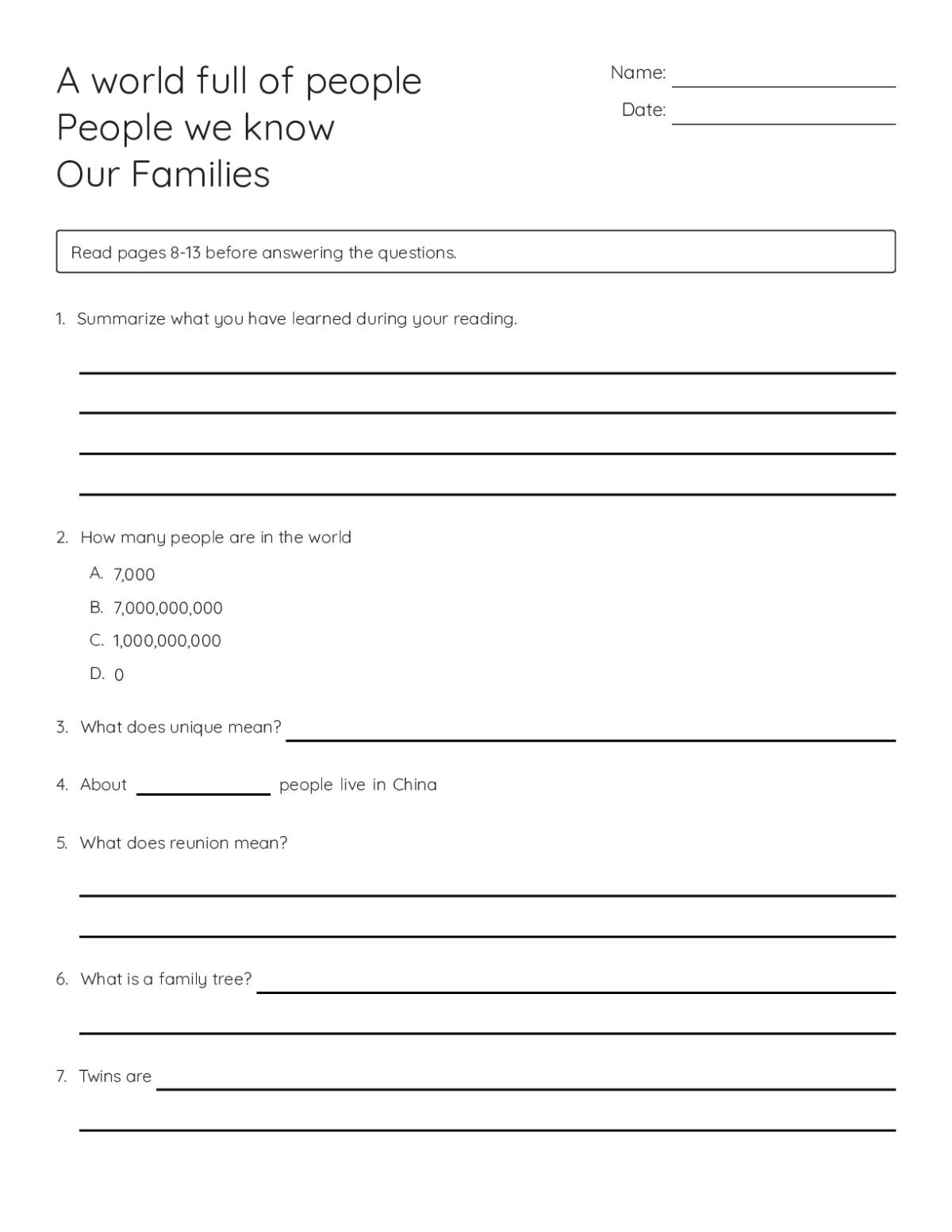 Printable 9th grade worksheet on families and world population with comprehension and vocabulary questions.