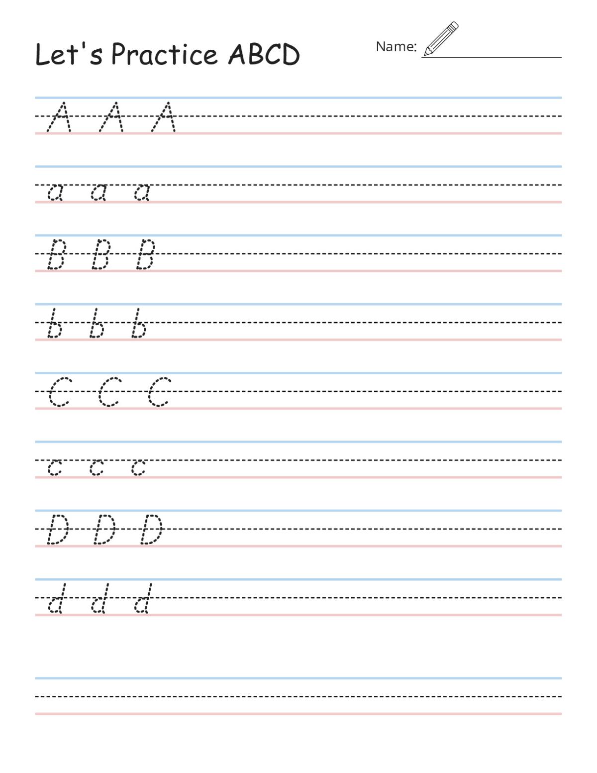 Printable Pre-K handwriting worksheet with vowel letter tracing and writing practice activities.