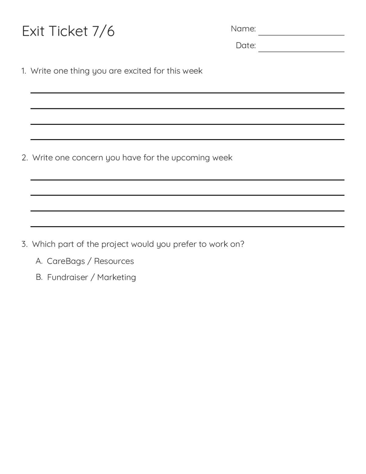 Printable exit ticket for Grades 6–8 with three open-response reflection prompts about excitement, concerns, and project preferences.