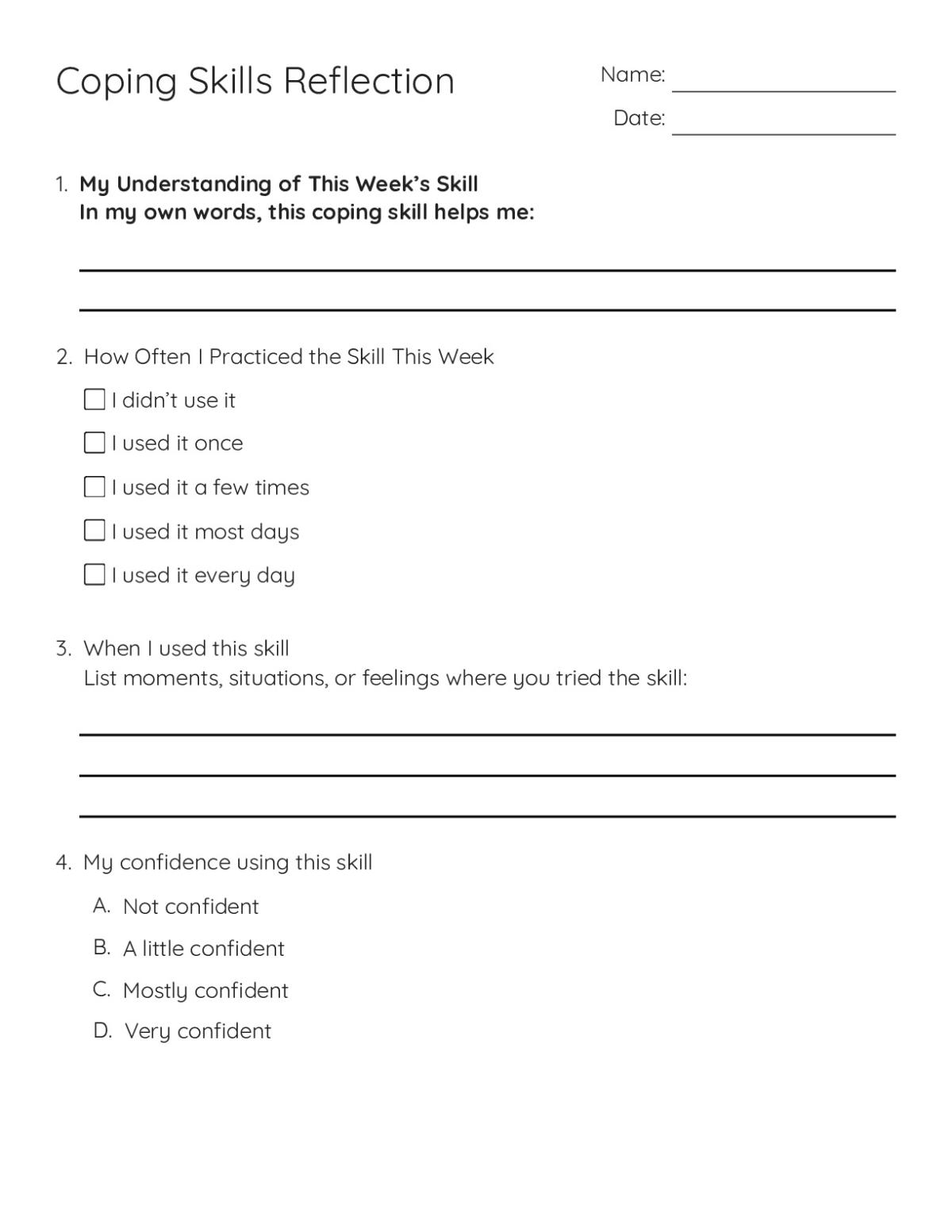 Printable coping skills reflection worksheet with prompts about understanding, practice frequency, situations, and confidence.