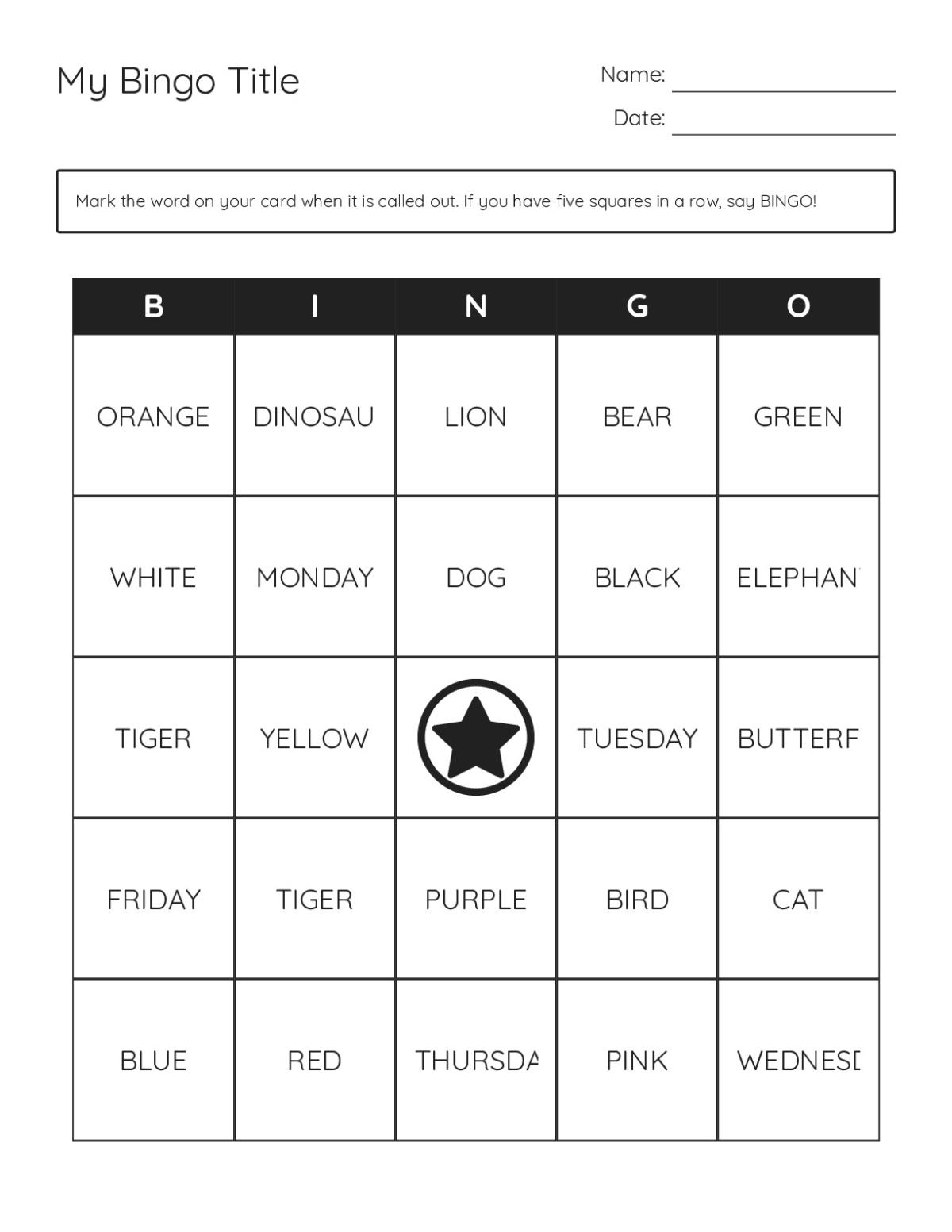 Grade 1 bingo cards with colors, animals, and days of the week vocabulary