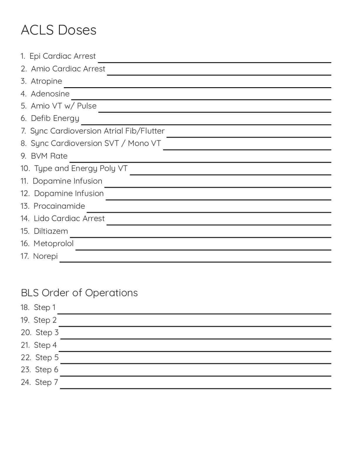 ACLS training reference with medication doses for cardiac arrest including epinephrine, amiodarone, and BLS order of operations steps.