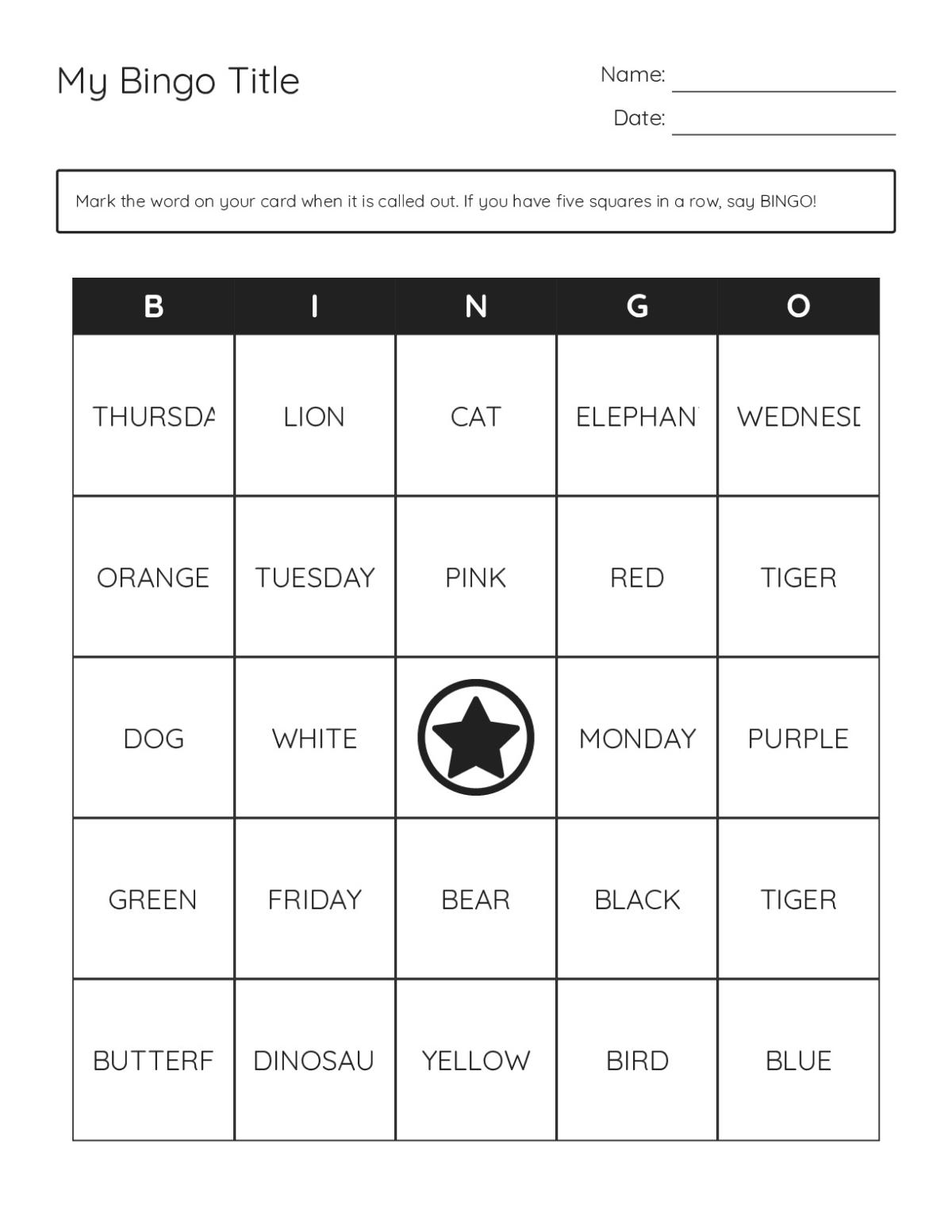 First grade bingo cards with colors, animals, and days of the week vocabulary.