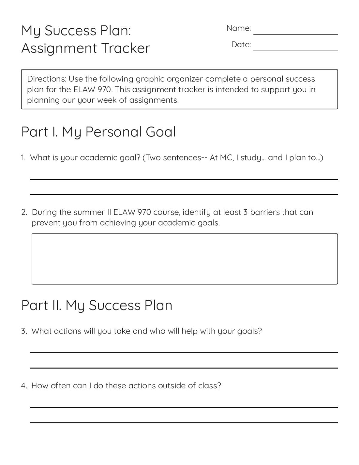 Printable college assignment tracker for ESL students on goal-setting, identifying barriers, and planning academic success strategies.