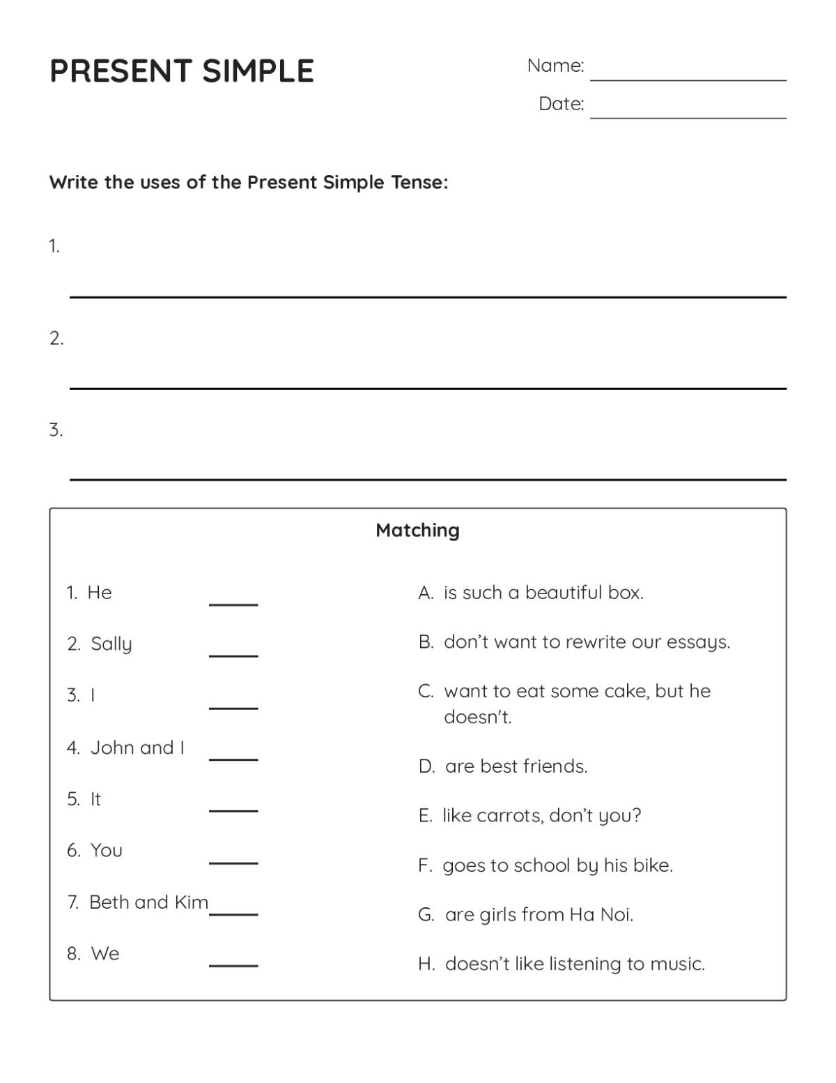 Printable 5th grade grammar worksheet on present simple tense with verb conjugation and fill-in-the-blank exercises.