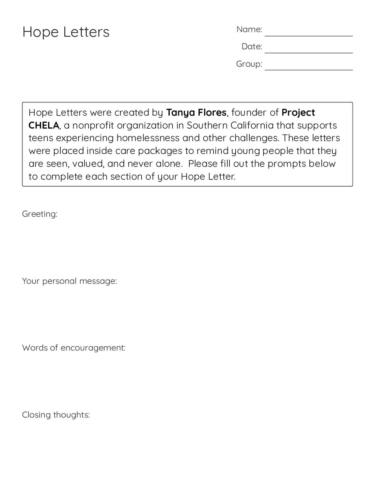 Printable 8th grade Hope Letters worksheet with prompts for writing encouraging messages to teens experiencing homelessness.