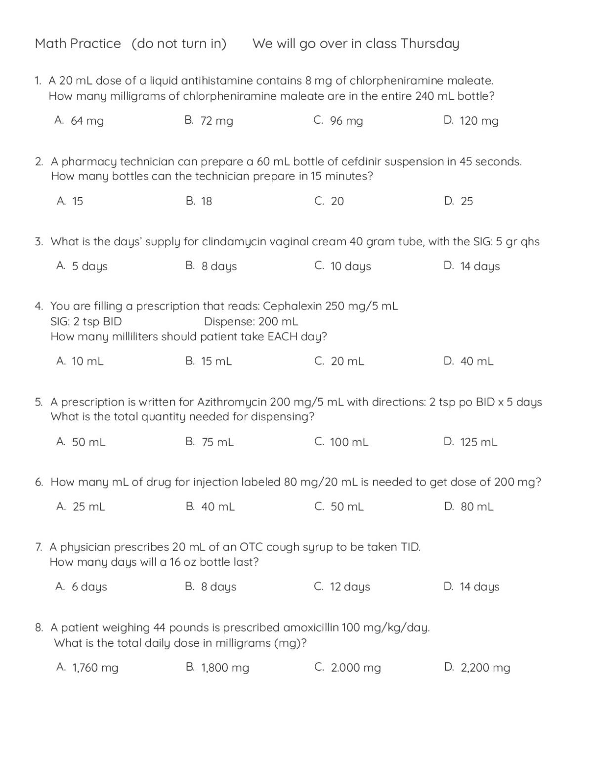 Printable pharmacy technician worksheet with 15 multiple-choice math problems on medication dosing and dispensing calculations.