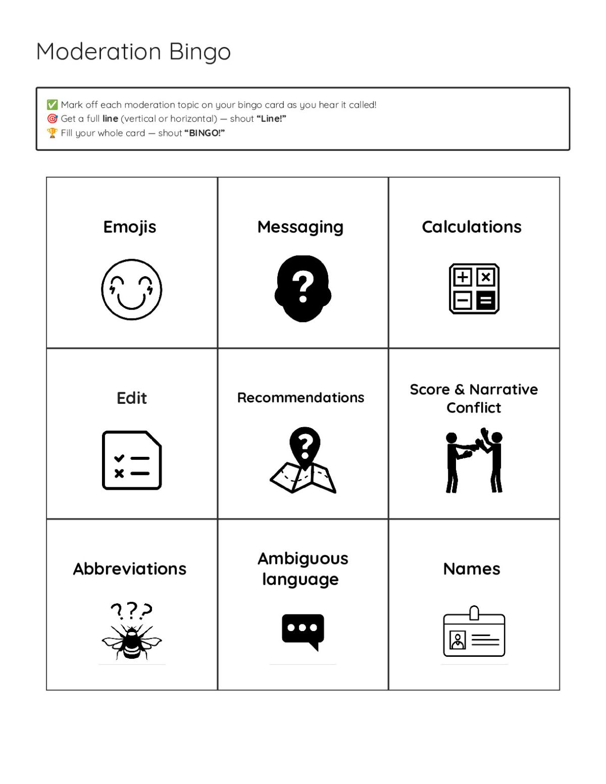 Moderator Comment Bingo training card with quality review terms like tone, spelling, and key information.