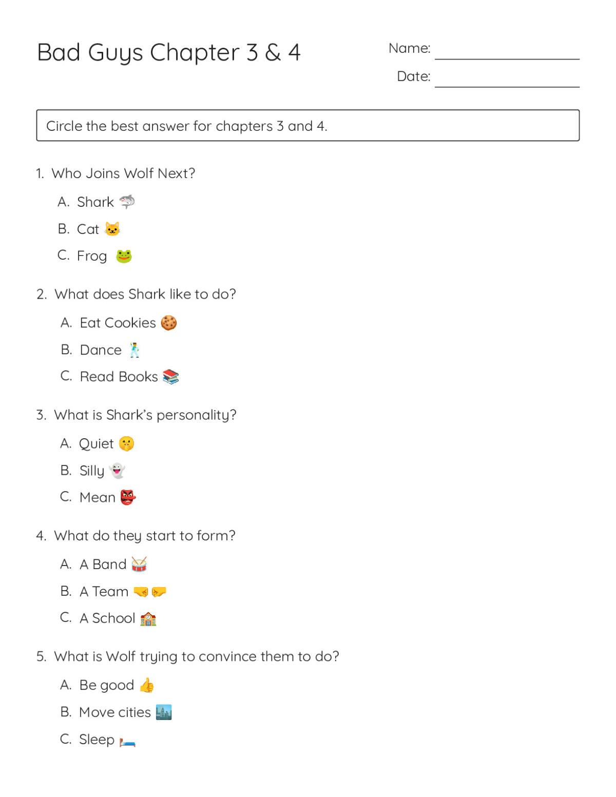 Printable 3rd grade reading comprehension worksheet with ten multiple-choice questions about the Bad Guys series Chapters 3 and 4.