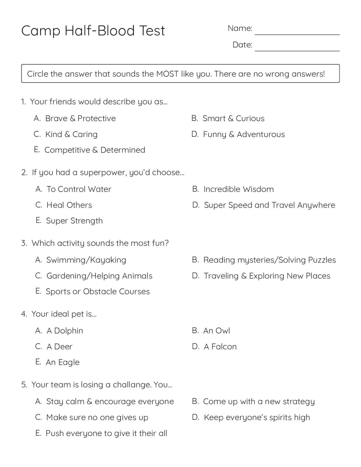 Printable Camp Half-Blood personality quiz for Grades 4–8 with mythology-themed questions and cabin-based scoring results.