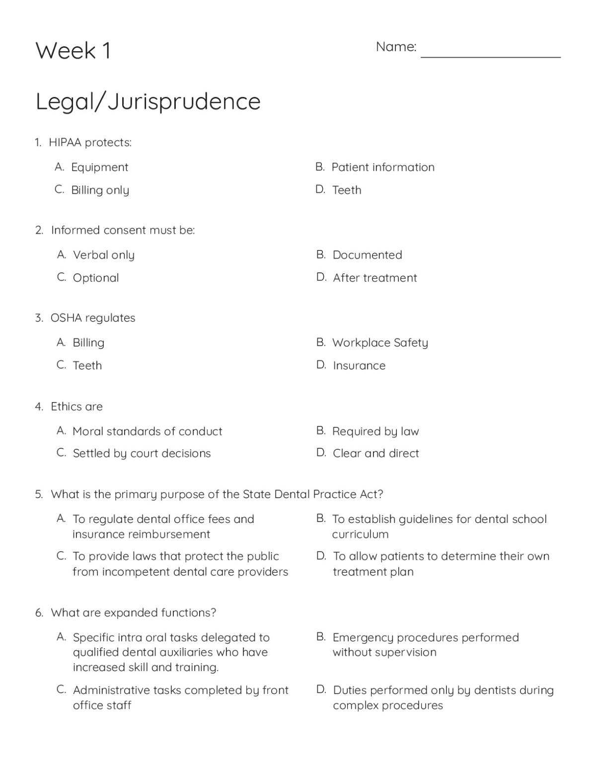 Dental-assisting training worksheet with multiple-choice questions on HIPAA, informed consent, and dental jurisprudence.