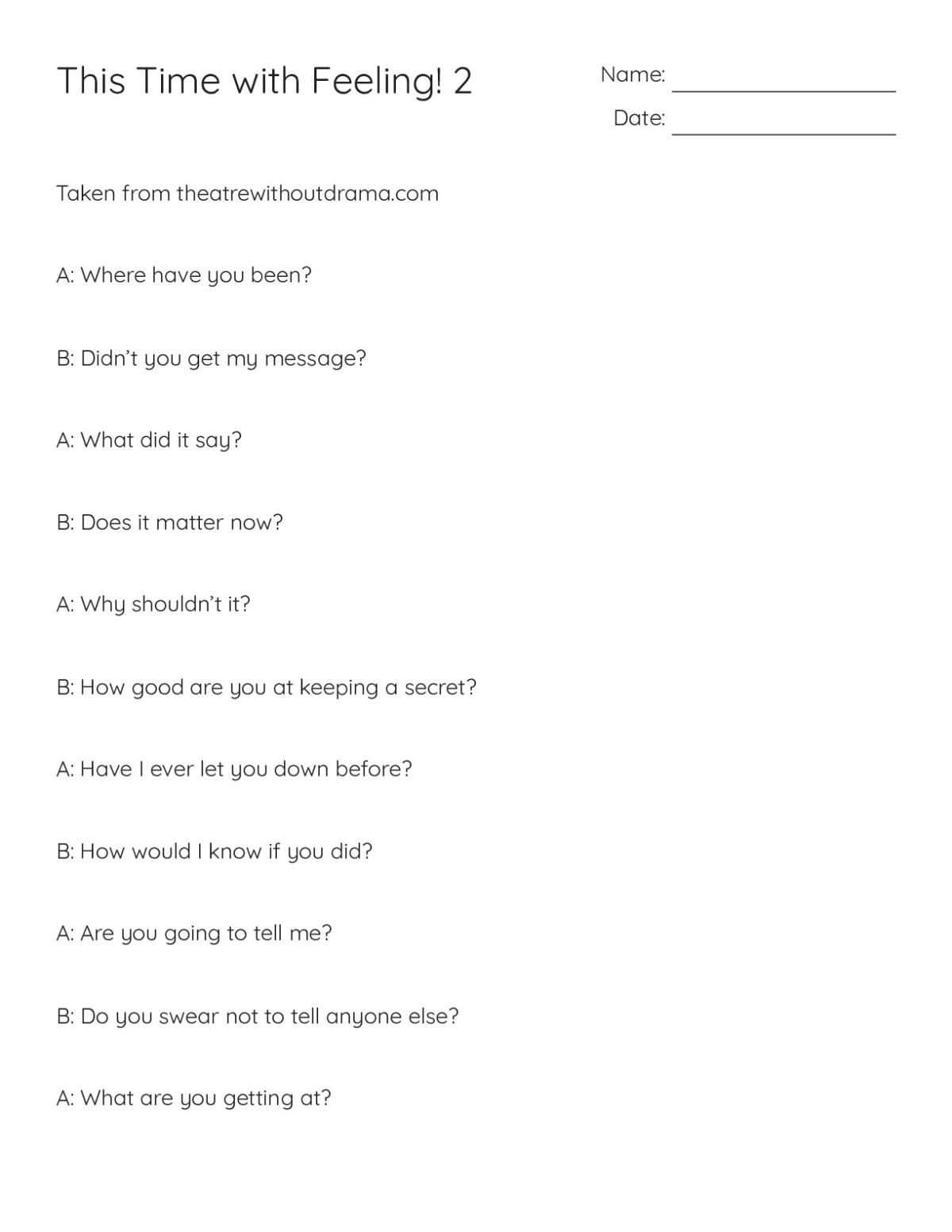 Printable drama script for Grades 6–10 with two-character dialogue and notes section for dramatic reading practice.