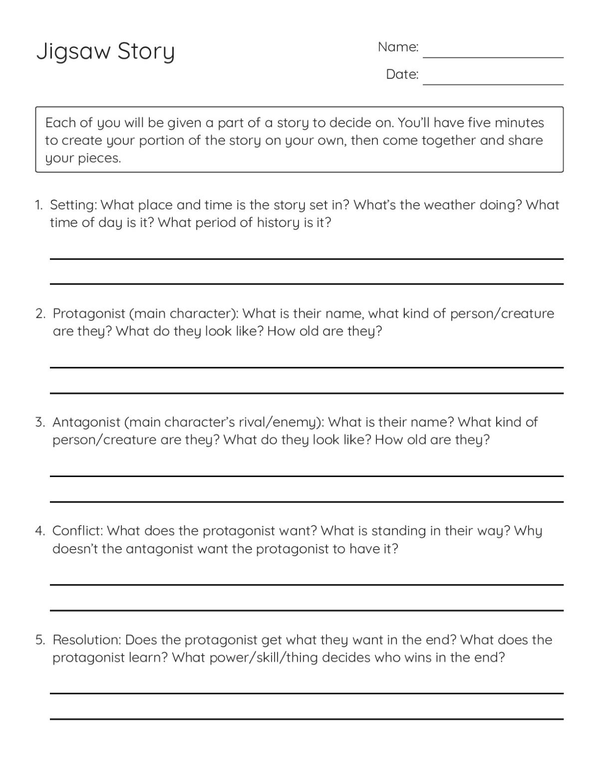 Printable collaborative story-writing activity with prompts for setting, protagonist, antagonist, conflict, and plot elements for Grades 6–10.