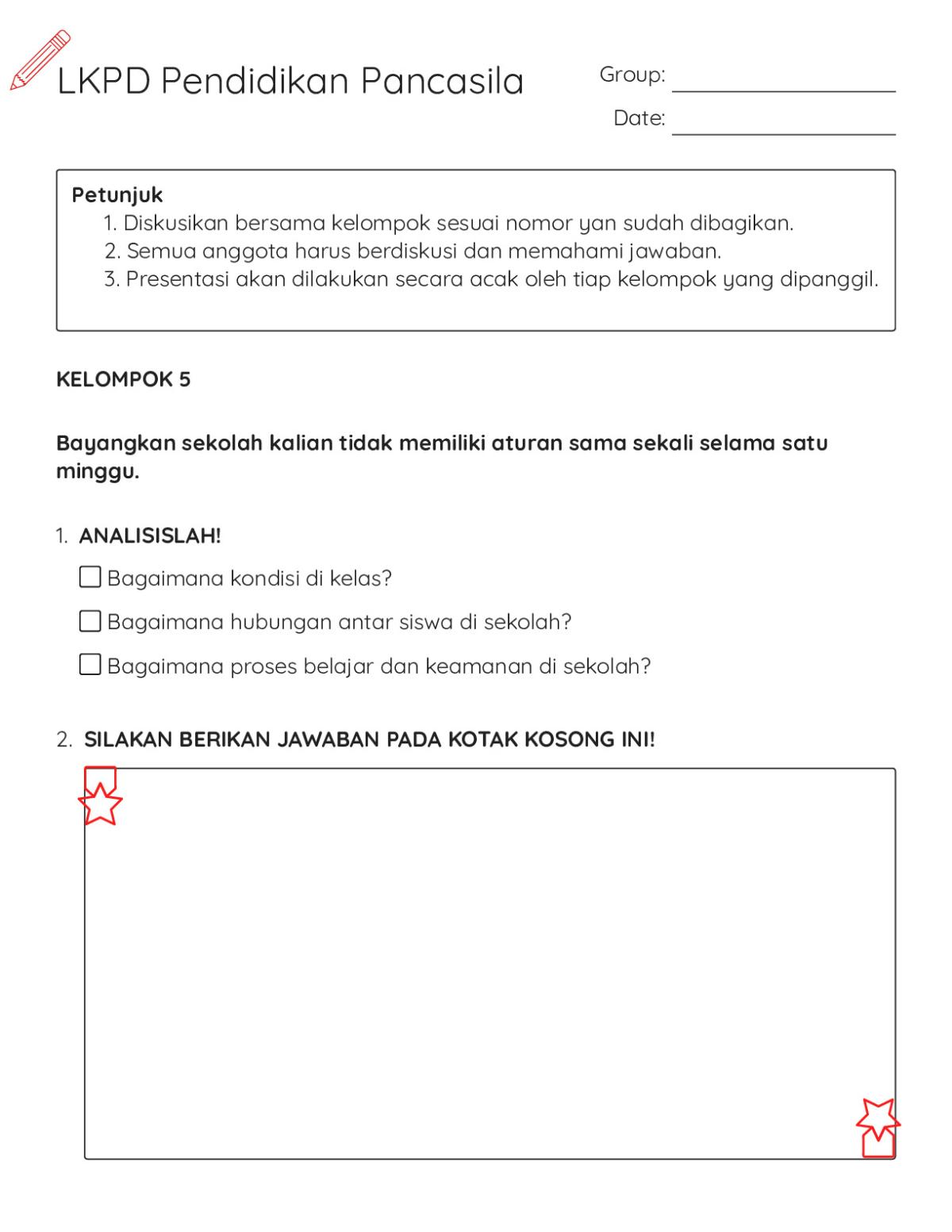 Printable 7th grade civics worksheet in Indonesian on Pancasila education with group discussion prompts about school rules and relationships.