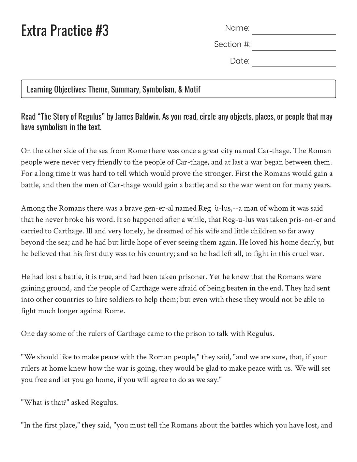 Printable 11th grade literature worksheet on theme, symbolism, and motif in James Baldwin's \"The Story of Regulus.\"