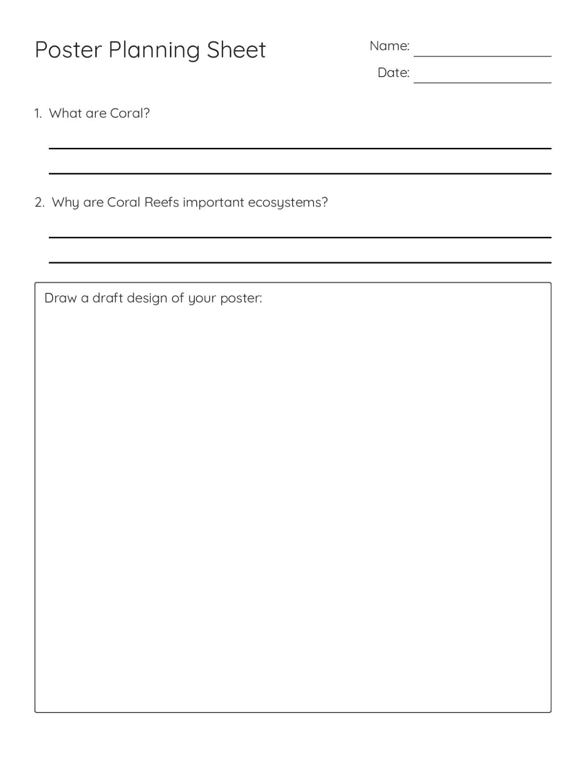 Printable middle school worksheet for planning a coral reef poster with prompts on coral biology and ecosystem importance.