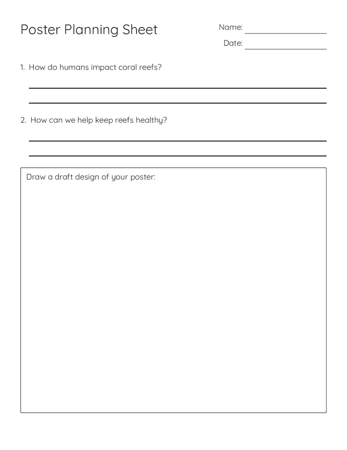 Printable coral reef conservation poster planning worksheet for Grades 6 through 8 with space for research questions and poster design drafts.