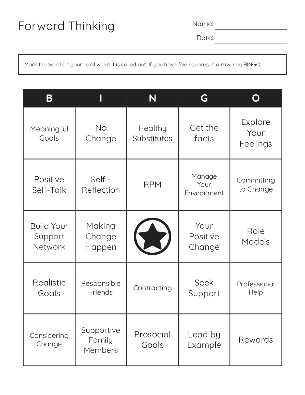 Forward Thinking bingo cards with social-emotional learning terms, goal-setting, and self-reflection.