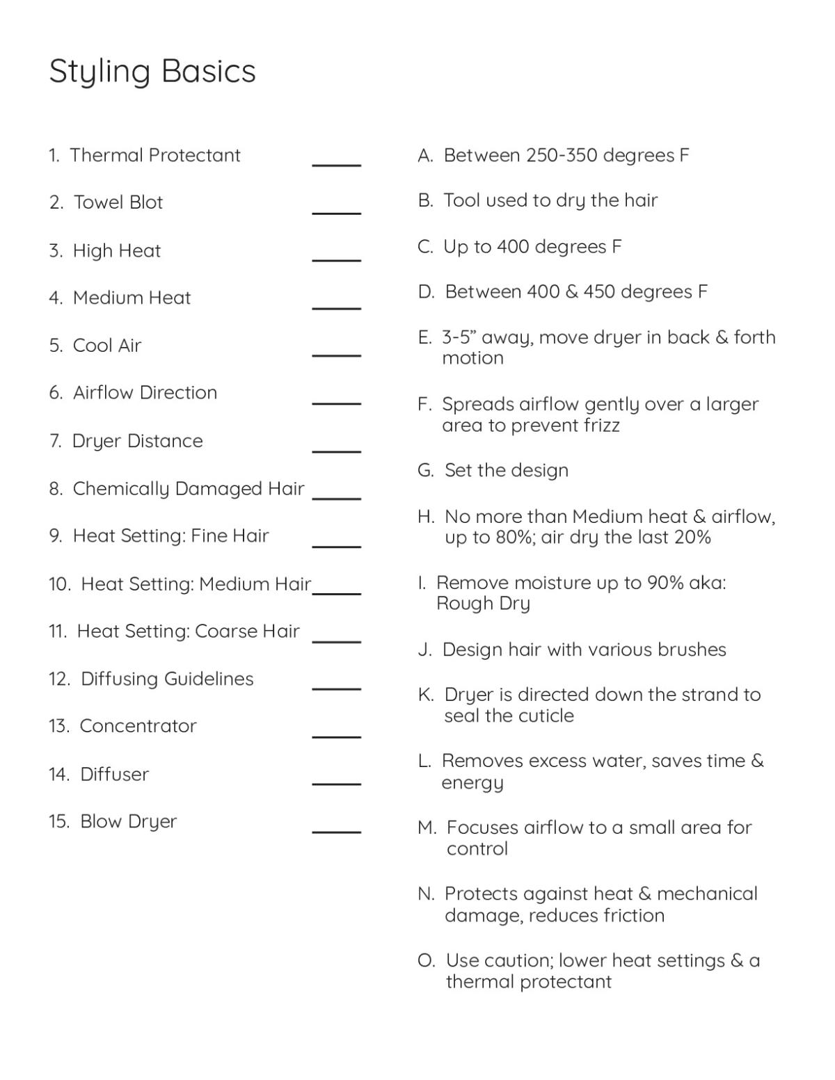 Matching worksheet on blow-dry techniques, heat settings, thermal protection, and hair styling tools for professional cosmetology training.